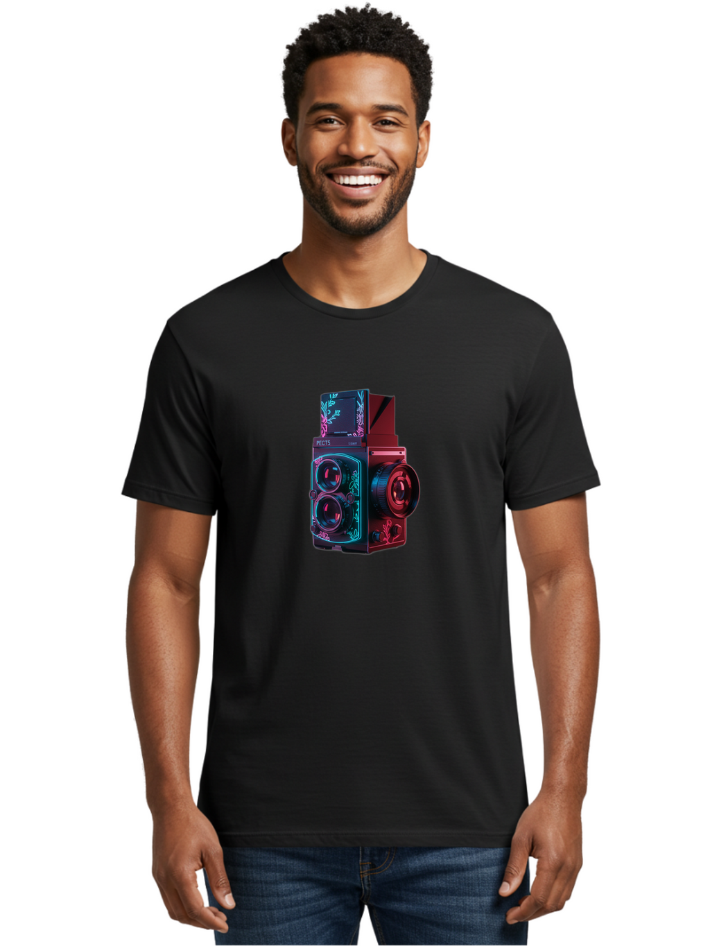 Pects-Lumary Men'S Graphic Tee, 100% Cotton, Comfortable Casual Summer Wear, Machine Washable, Pects Lumary Camera, Professional Photography, Neon Lights, Futuristic Design, Camera Equipment, Floral Patterns, Vibrant Colors, Photography Gear, Bae631