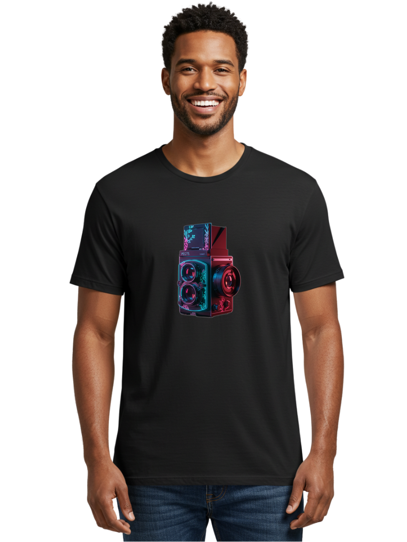 Pects-Lumary Men'S Graphic Tee, 100% Cotton, Comfortable Casual Summer Wear, Machine Washable, Pects Lumary Camera, Professional Photography, Neon Lights, Futuristic Design, Camera Equipment, Floral Patterns, Vibrant Colors, Photography Gear, Bae631