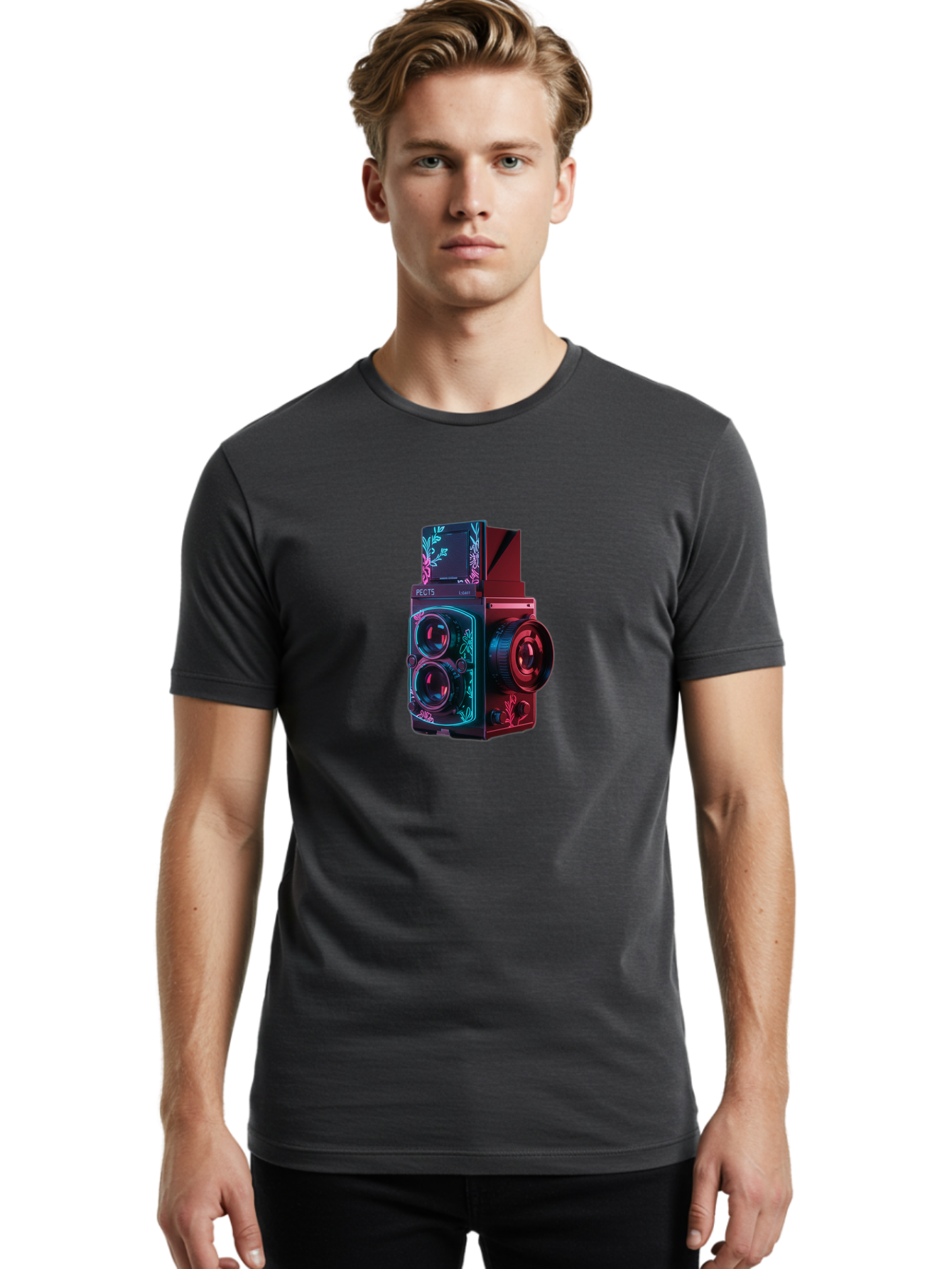 Pects-Lumary Men'S Graphic Tee, 100% Cotton, Comfortable Casual Summer Wear, Machine Washable, Pects Lumary Camera, Professional Photography, Neon Lights, Futuristic Design, Camera Equipment, Floral Patterns, Vibrant Colors, Photography Gear, Bae631