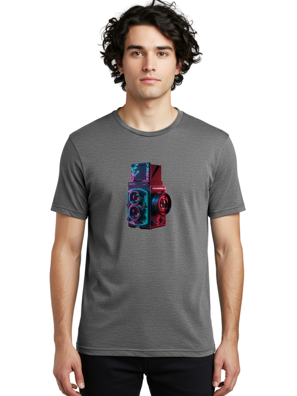 Pects-Lumary Men'S Graphic Tee, 100% Cotton, Comfortable Casual Summer Wear, Machine Washable, Pects Lumary Camera, Professional Photography, Neon Lights, Futuristic Design, Camera Equipment, Floral Patterns, Vibrant Colors, Photography Gear, Bae631