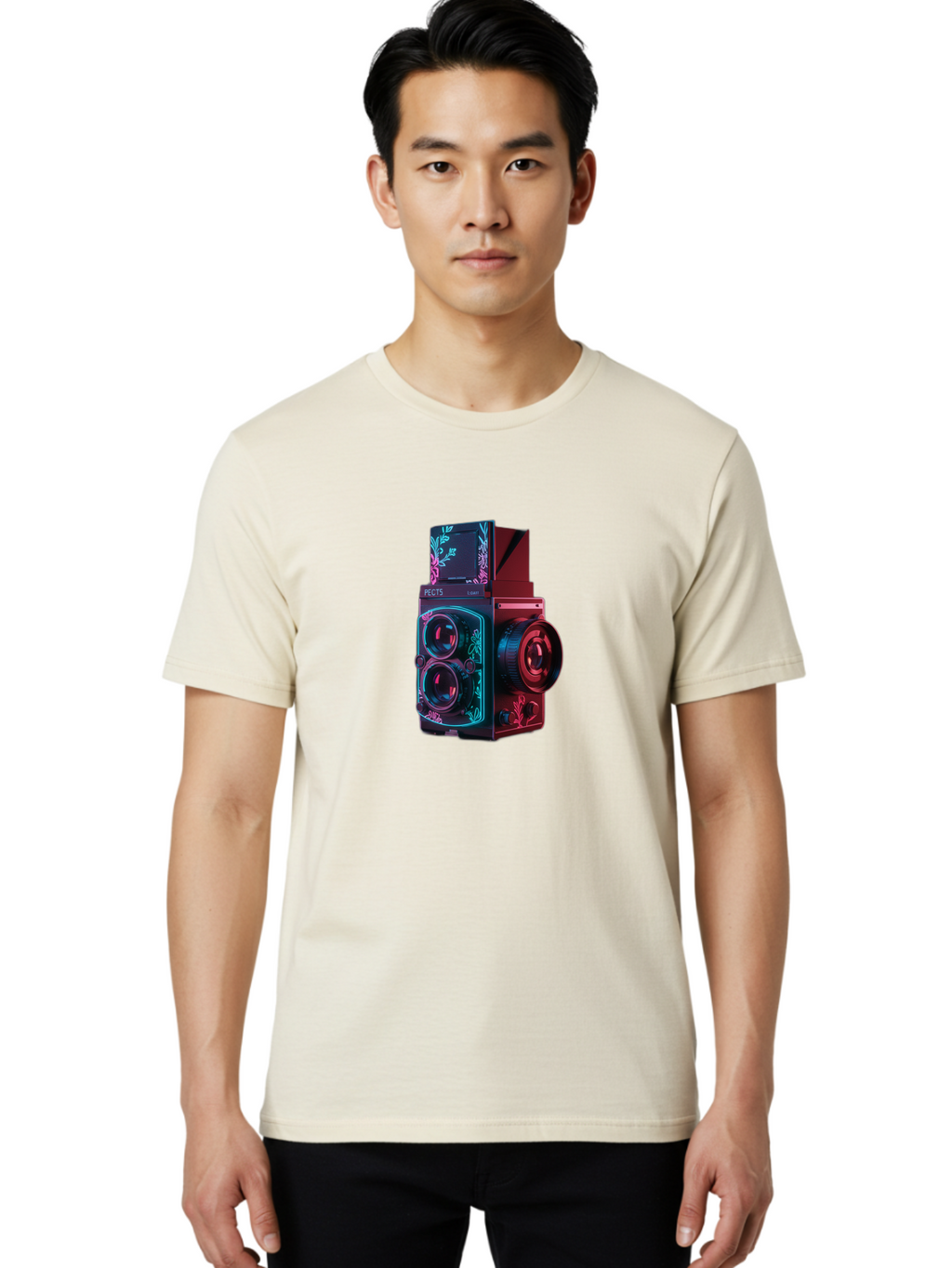 Pects-Lumary Men'S Graphic Tee, 100% Cotton, Comfortable Casual Summer Wear, Machine Washable, Pects Lumary Camera, Professional Photography, Neon Lights, Futuristic Design, Camera Equipment, Floral Patterns, Vibrant Colors, Photography Gear, Bae631