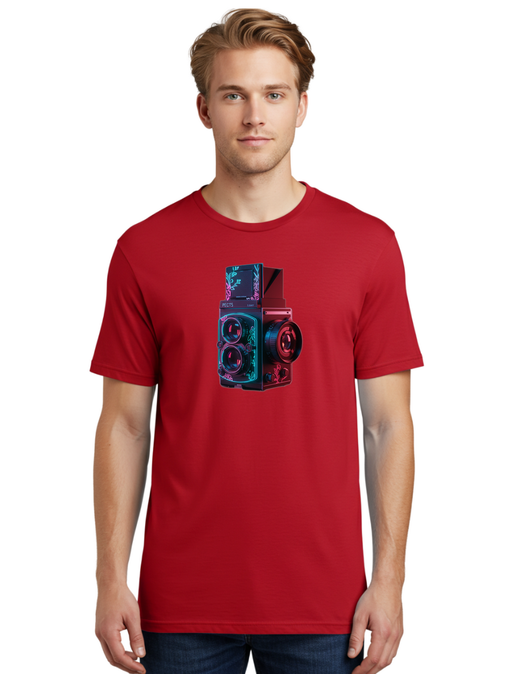 Pects-Lumary Men'S Graphic Tee, 100% Cotton, Comfortable Casual Summer Wear, Machine Washable, Pects Lumary Camera, Professional Photography, Neon Lights, Futuristic Design, Camera Equipment, Floral Patterns, Vibrant Colors, Photography Gear, Bae631