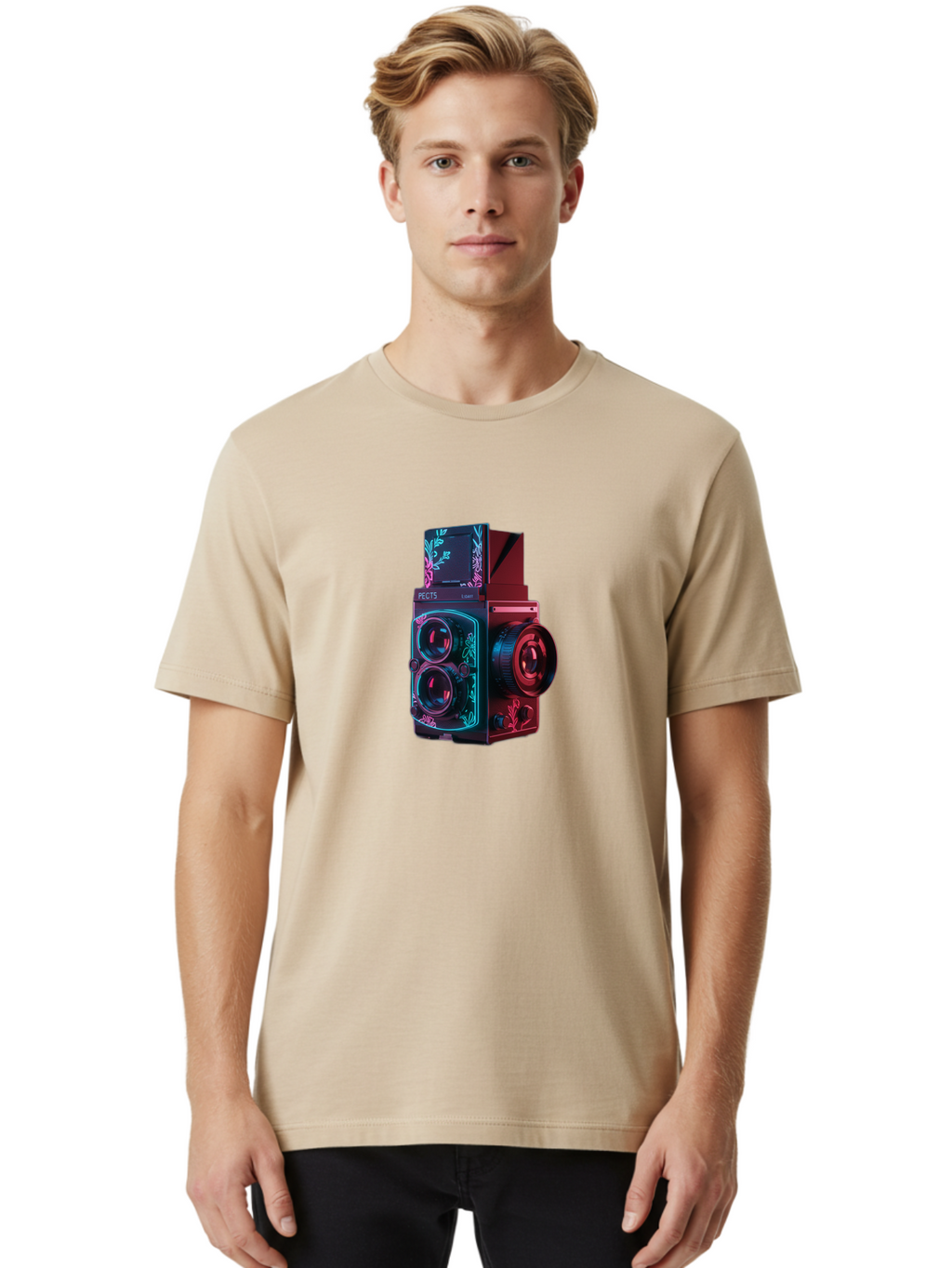 Pects-Lumary Men'S Graphic Tee, 100% Cotton, Comfortable Casual Summer Wear, Machine Washable, Pects Lumary Camera, Professional Photography, Neon Lights, Futuristic Design, Camera Equipment, Floral Patterns, Vibrant Colors, Photography Gear, Bae631