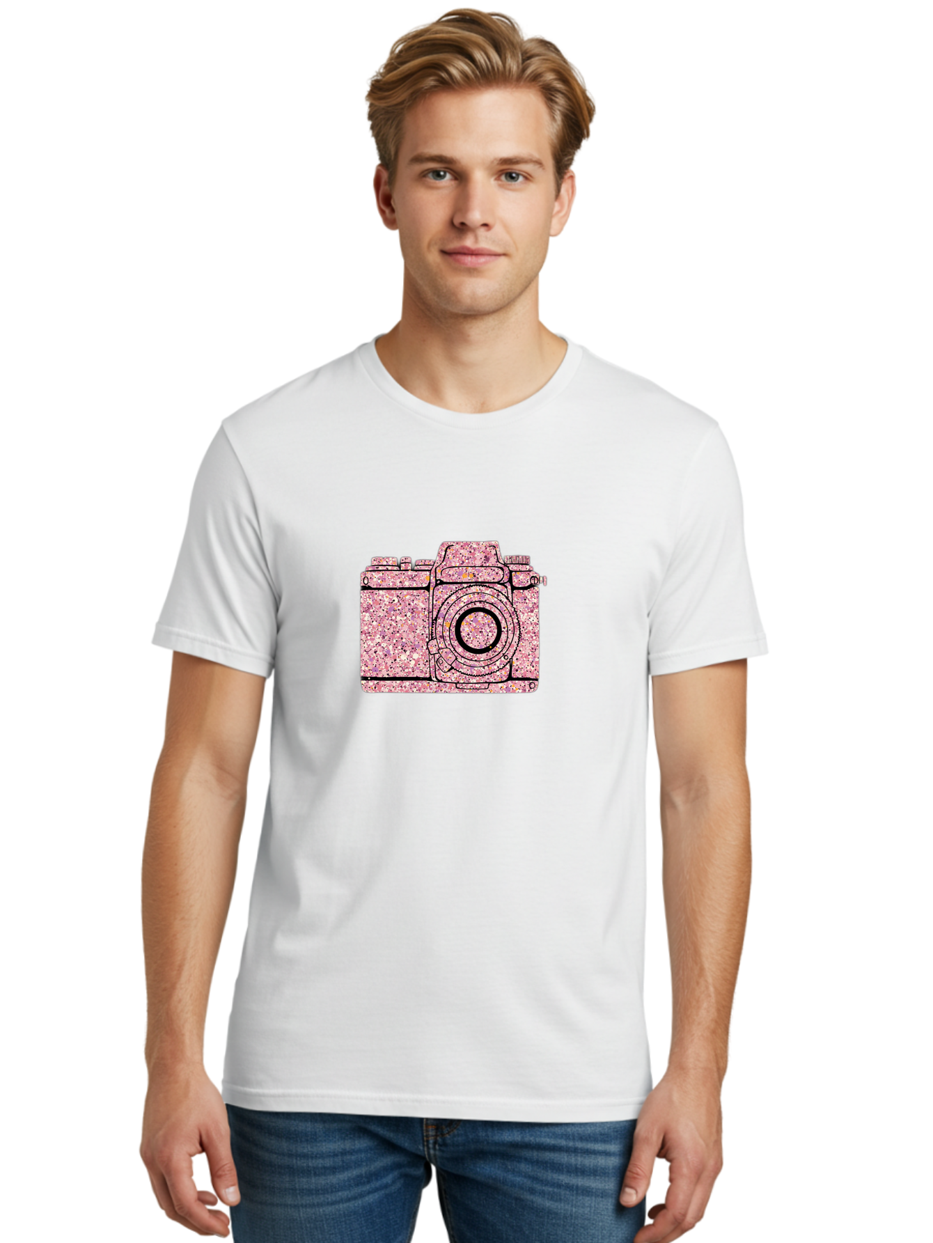 Pink-Camera Men'S Graphic Tee, 100% Cotton, Comfortable Casual Summer Wear, Machine Washable, Pink Camera Illustration, Digital Camera, Photography Equipment, Speckled Texture, Pink And Black Design, Camera, Photography Bae632