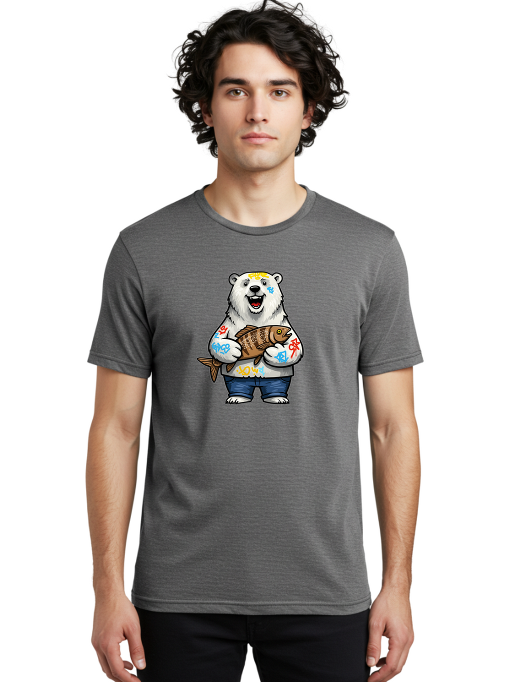 Polar-Bear-1 Men'S Graphic Tee, 100% Cotton, Comfortable Casual Summer Wear, Machine Washable, Polar Bear Holding Fish, Cartoon Character, Graffiti Art, Streetwear Style, Urban Wildlife, Cool Bear, Fish In Hands, Funny Bear, Kawaii Art, Bae638