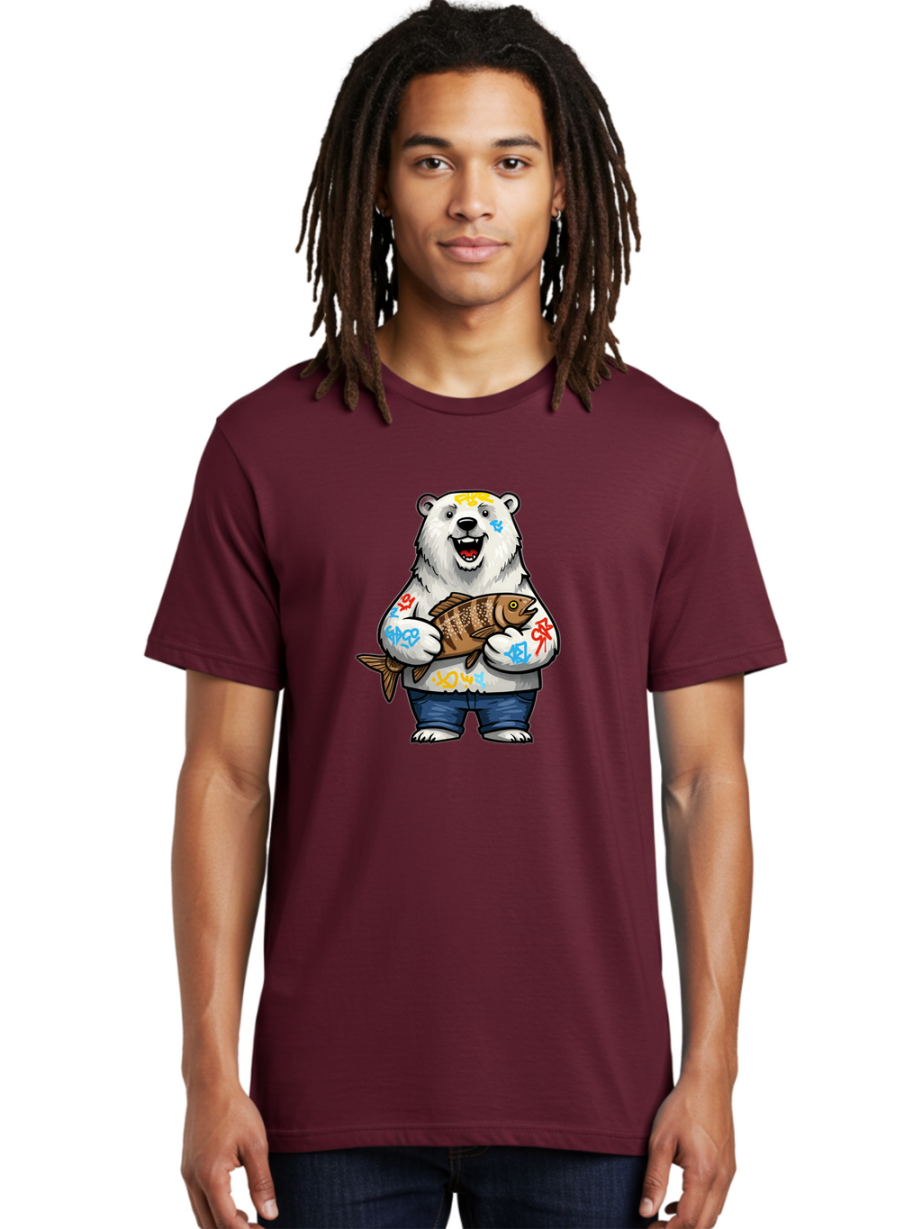 Polar-Bear-1 Men'S Graphic Tee, 100% Cotton, Comfortable Casual Summer Wear, Machine Washable, Polar Bear Holding Fish, Cartoon Character, Graffiti Art, Streetwear Style, Urban Wildlife, Cool Bear, Fish In Hands, Funny Bear, Kawaii Art, Bae638