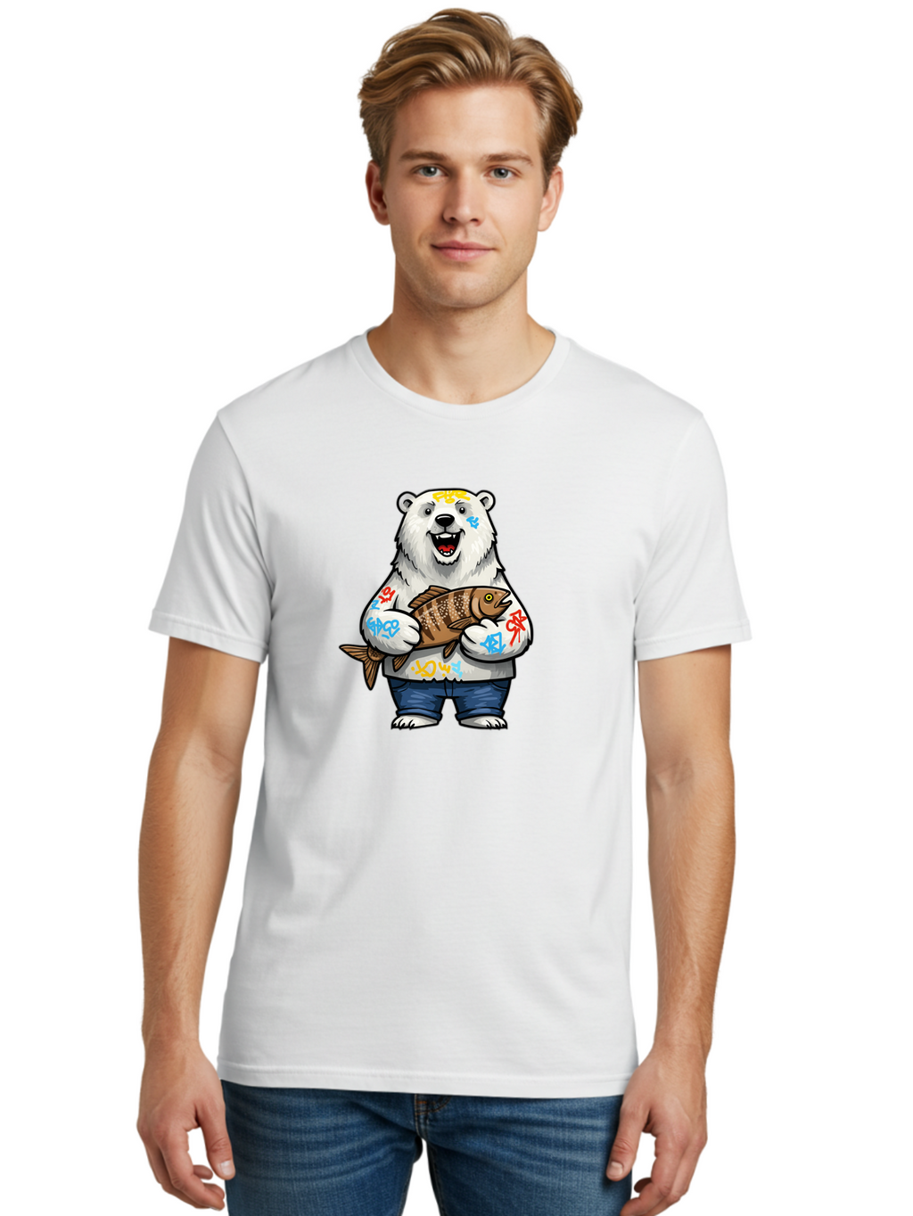 Polar-Bear-1 Men'S Graphic Tee, 100% Cotton, Comfortable Casual Summer Wear, Machine Washable, Polar Bear Holding Fish, Cartoon Character, Graffiti Art, Streetwear Style, Urban Wildlife, Cool Bear, Fish In Hands, Funny Bear, Kawaii Art, Bae638