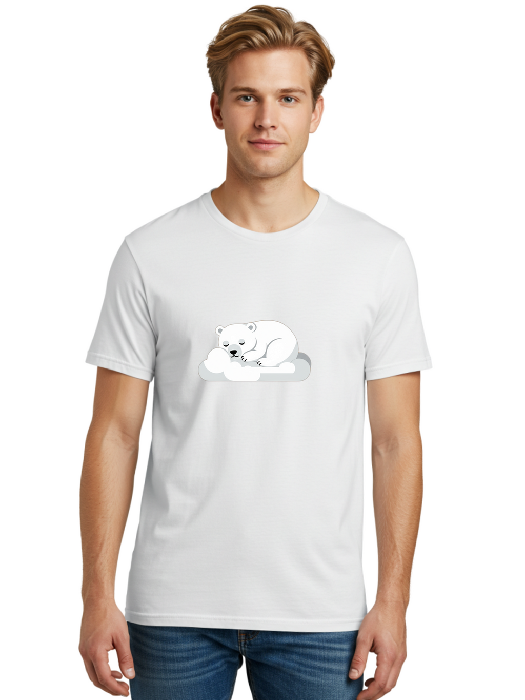 Polar-Bear-2 Men'S Graphic Tee, 100% Cotton, Comfortable Casual Summer Wear, Machine Washable, Sleeping Polar Bear, Cute Animal, Cartoon Character, Peaceful Slumber, Serene Atmosphere, Dreamy Clouds, Adorable Illustration, Calm And Relaxing Bae639