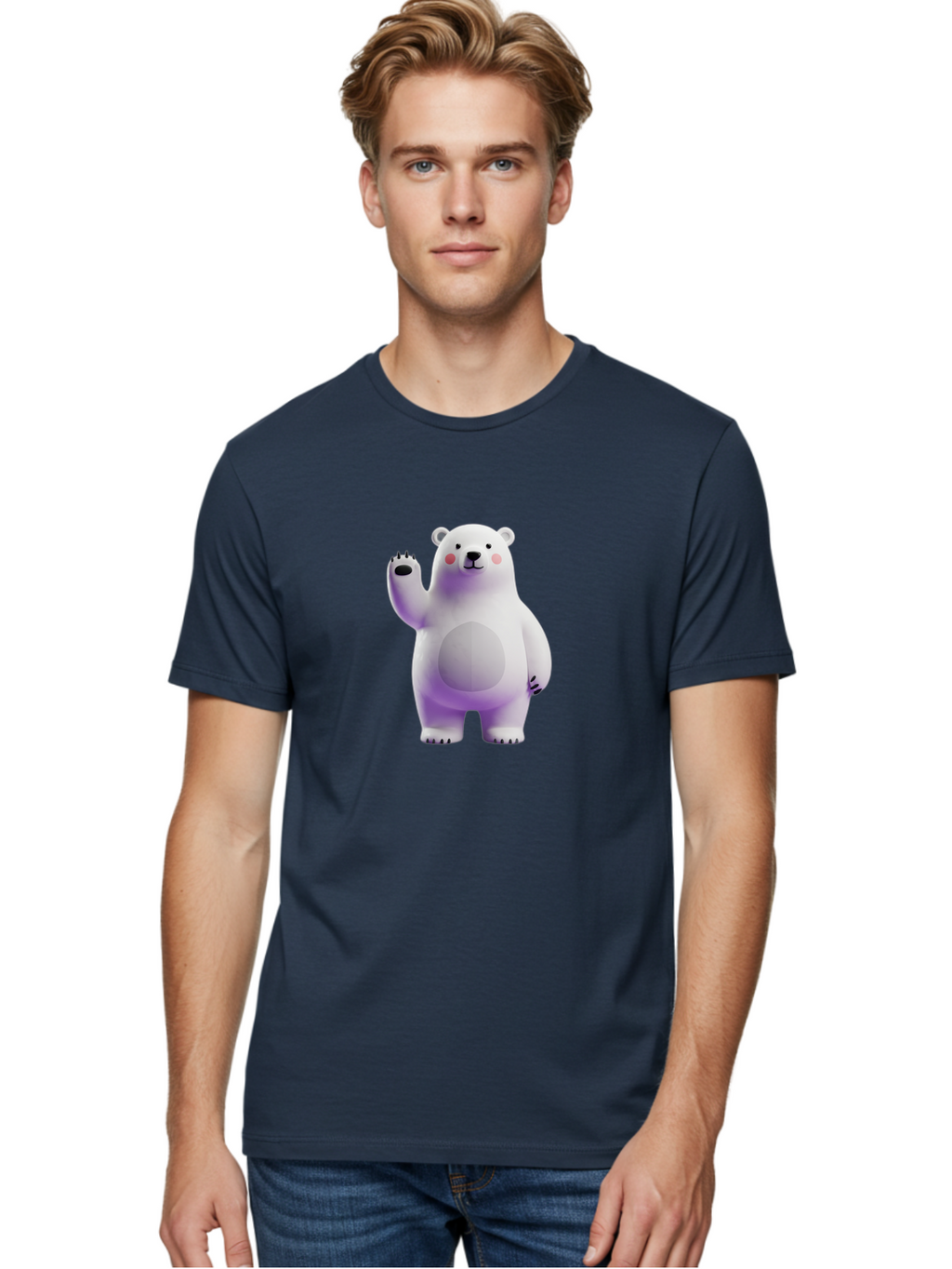 Polar-Bear-3 Men'S Graphic Tee, 100% Cotton, Comfortable Casual Summer Wear, Machine Washable, White Polar Bear, Cute Bear, Cartoon Character, Waving Paw, Friendly Animal, Lovable Creature, Adorable Bear, Digital Illustration, Kawaii Art Bae640