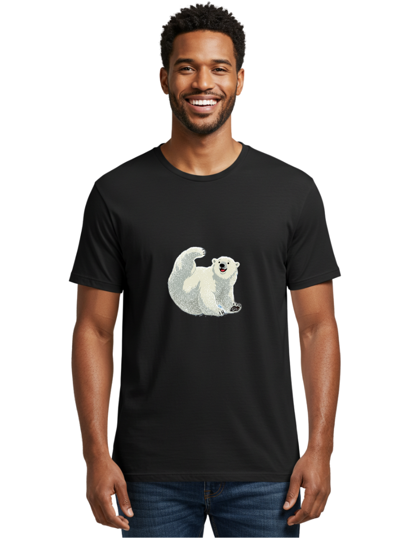 Polar-Bear-8 Men'S Graphic Tee, 100% Cotton, Comfortable Casual Summer Wear, Machine Washable, Polar Bear, Cartoon Polar Bear, White Bear, Playful Bear, Happy Bear, Bear With One Paw Up, Wild Animal, Cute Bear, Bear Illustration Bae645