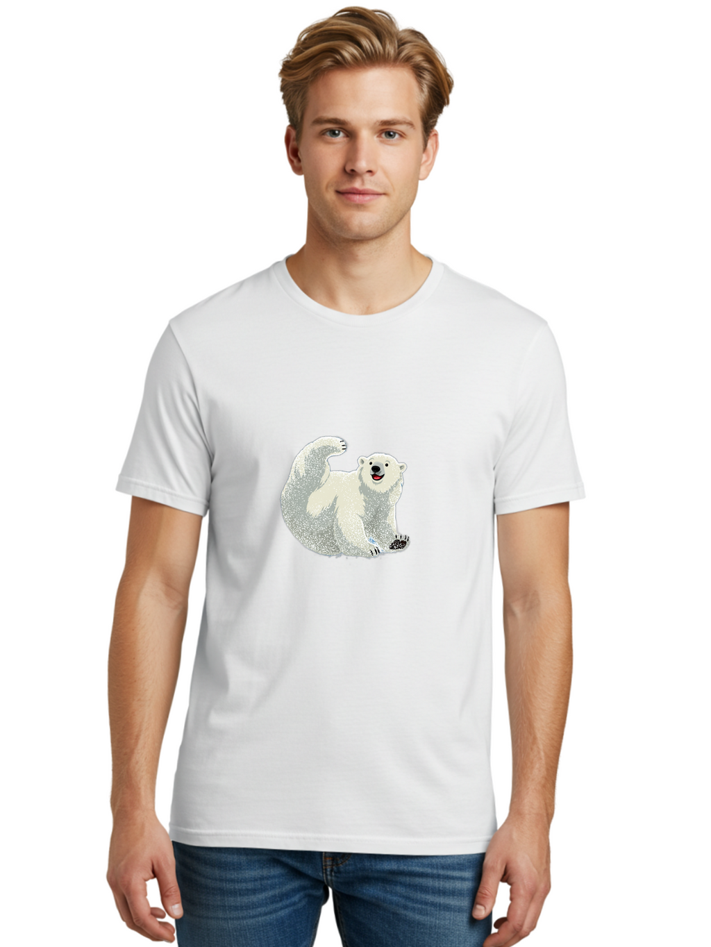 Polar-Bear-8 Men'S Graphic Tee, 100% Cotton, Comfortable Casual Summer Wear, Machine Washable, Polar Bear, Cartoon Polar Bear, White Bear, Playful Bear, Happy Bear, Bear With One Paw Up, Wild Animal, Cute Bear, Bear Illustration Bae645