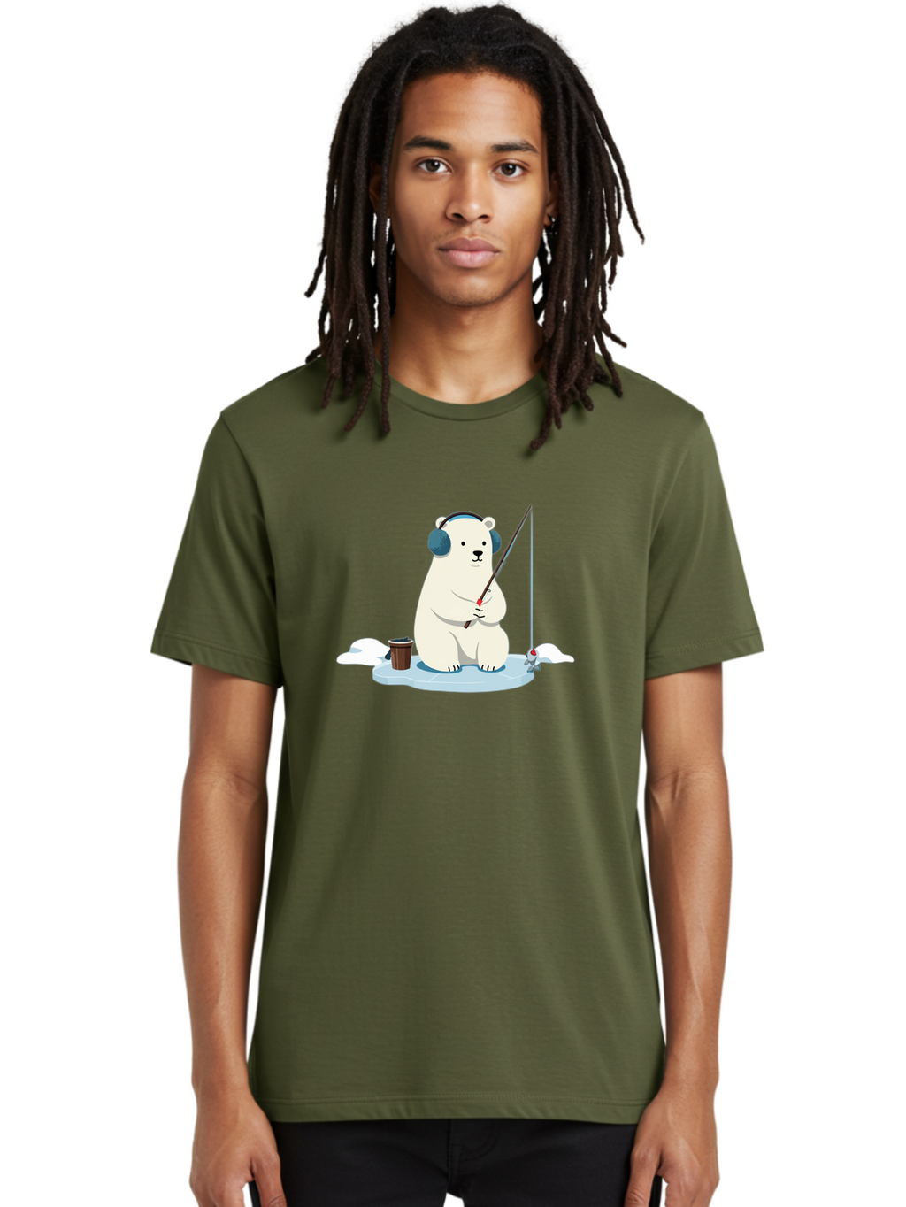 Polar-Bear-Fishing Men'S Graphic Tee, 100% Cotton, Comfortable Casual Summer Wear, Machine Washable, Polar Bear With Headphones, Fishing On Ice, Ice Floe, Fishing Rod, Cartoon Character, Winter Activity, Frozen Landscape, Fishing Bucket, Bae647