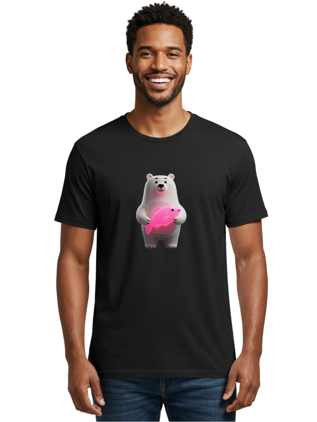Polar-Bear-Holding-Fish-1 Men'S Graphic Tee, 100% Cotton, Comfortable Casual Summer Wear, Machine Washable, Cartoon Polar Bear, Cute Illustration, White Bear, Pink Fish, Adorable Scene, Kawaii Art, Digital Character, Smiling Bear, Holding Fish Bae648