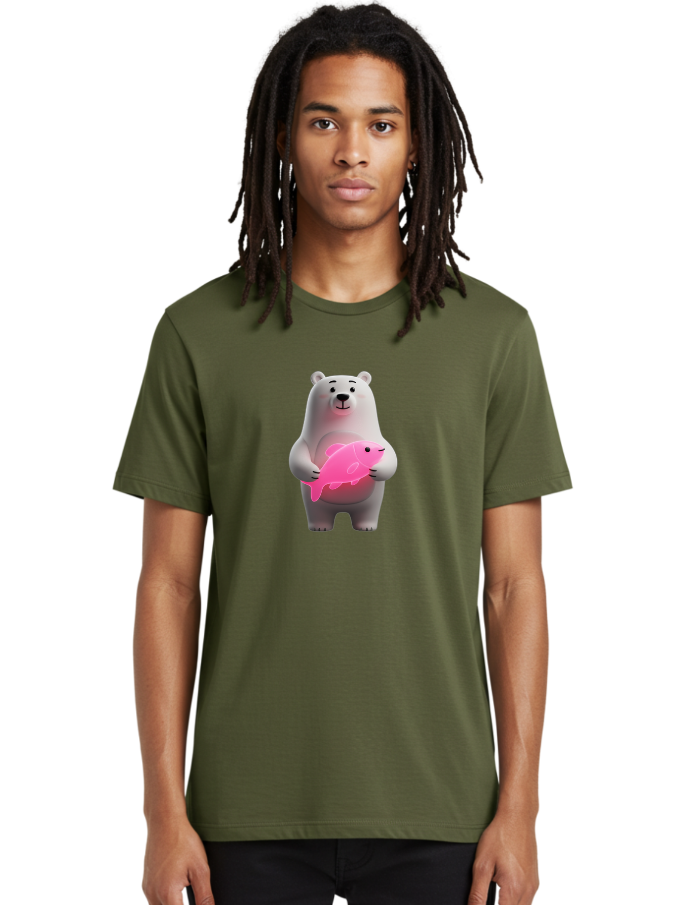 Polar-Bear-Holding-Fish-1 Men'S Graphic Tee, 100% Cotton, Comfortable Casual Summer Wear, Machine Washable, Cartoon Polar Bear, Cute Illustration, White Bear, Pink Fish, Adorable Scene, Kawaii Art, Digital Character, Smiling Bear, Holding Fish Bae648