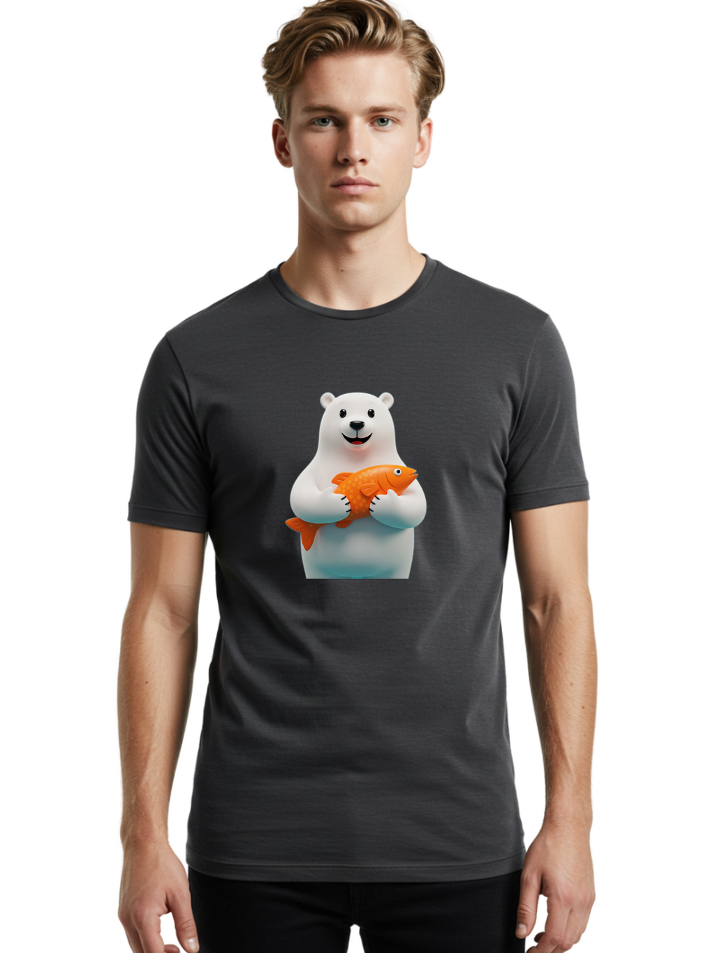 Polar-Bear-Holding-Fish Men'S Graphic Tee, 100% Cotton, Comfortable Casual Summer Wear, Machine Washable, White Polar Bear, Orange Fish, Cartoon Character, Smiling Bear, Holding A Fish, Kawaii Animal, 3D Illustration, Cute Bear, Bae649
