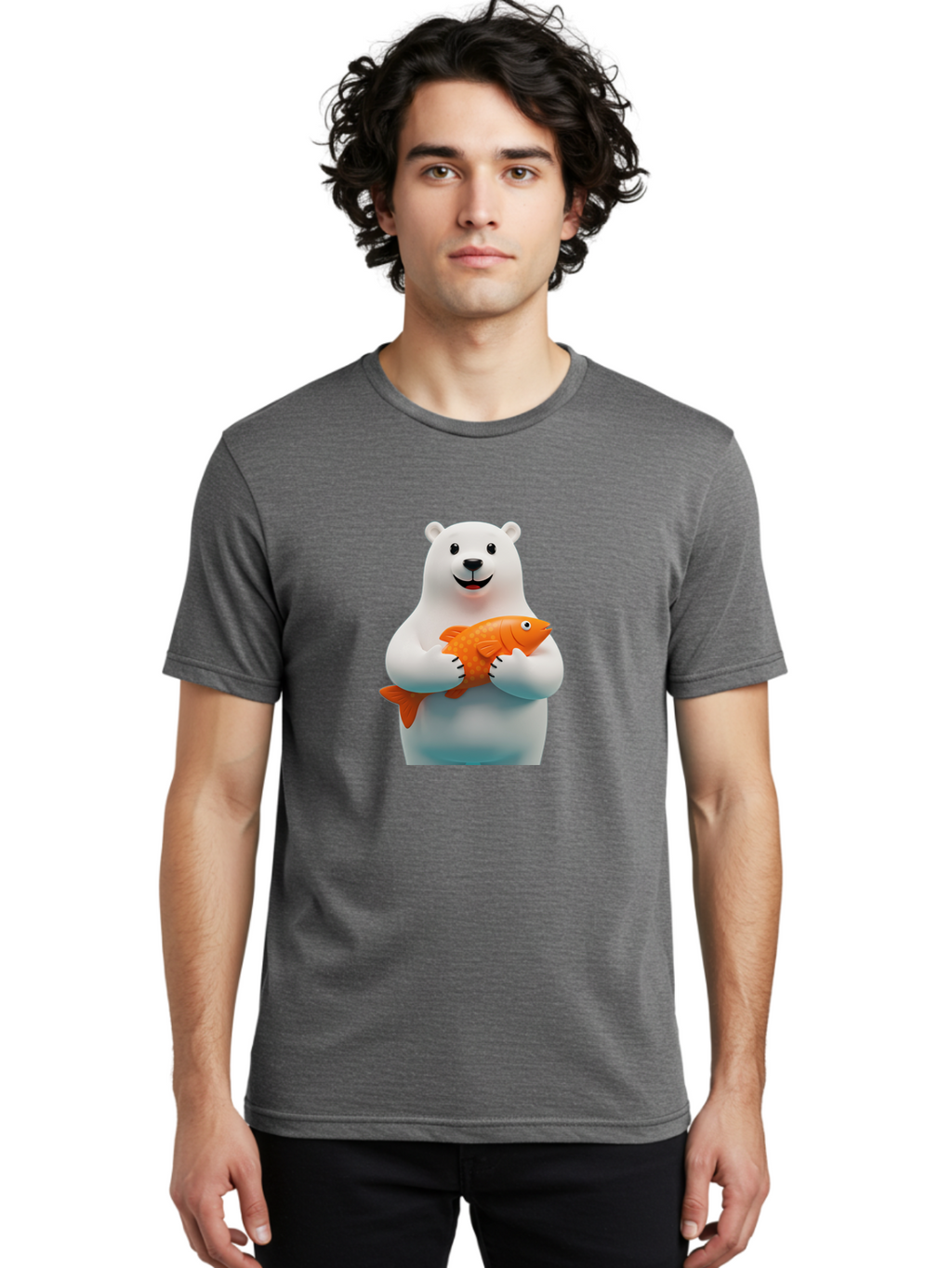Polar-Bear-Holding-Fish Men'S Graphic Tee, 100% Cotton, Comfortable Casual Summer Wear, Machine Washable, White Polar Bear, Orange Fish, Cartoon Character, Smiling Bear, Holding A Fish, Kawaii Animal, 3D Illustration, Cute Bear, Bae649