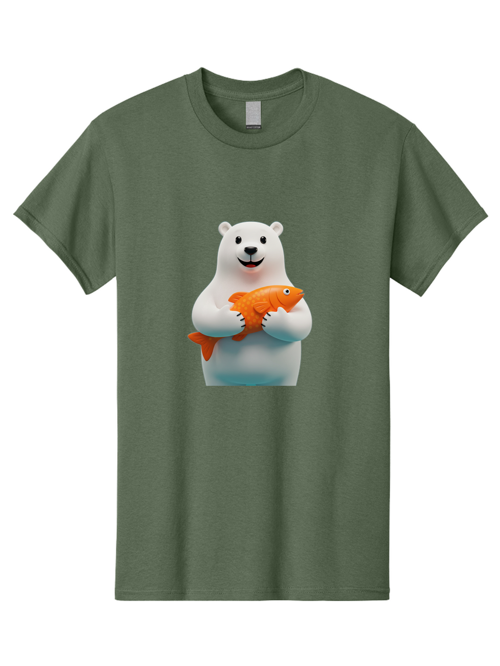Polar-Bear-Holding-Fish Men'S Graphic Tee, 100% Cotton, Comfortable Casual Summer Wear, Machine Washable, White Polar Bear, Orange Fish, Cartoon Character, Smiling Bear, Holding A Fish, Kawaii Animal, 3D Illustration, Cute Bear, Bae649