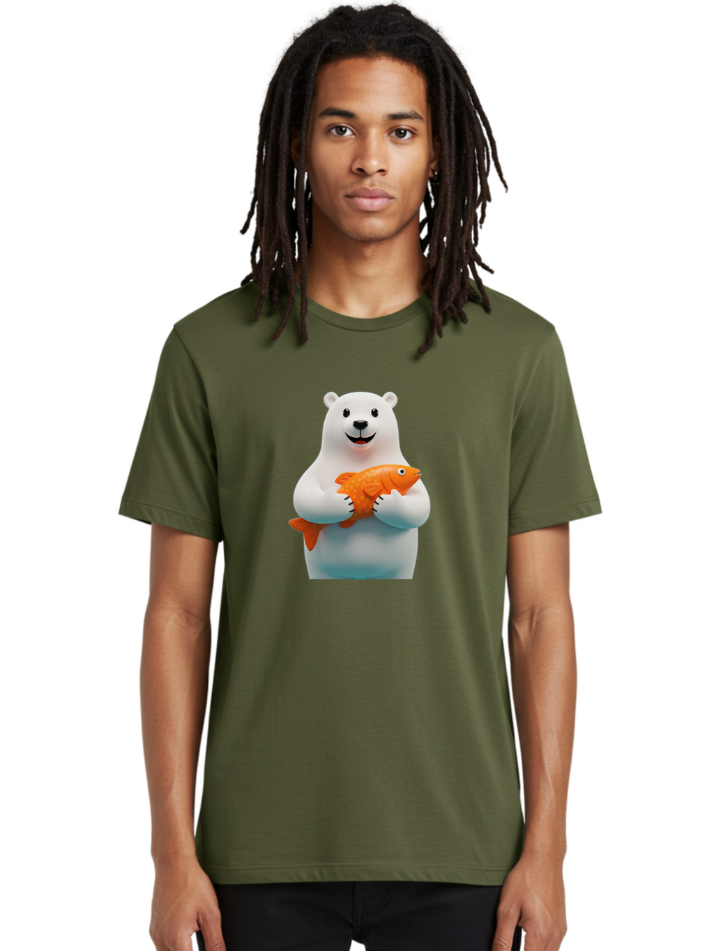 Polar-Bear-Holding-Fish Men'S Graphic Tee, 100% Cotton, Comfortable Casual Summer Wear, Machine Washable, White Polar Bear, Orange Fish, Cartoon Character, Smiling Bear, Holding A Fish, Kawaii Animal, 3D Illustration, Cute Bear, Bae649