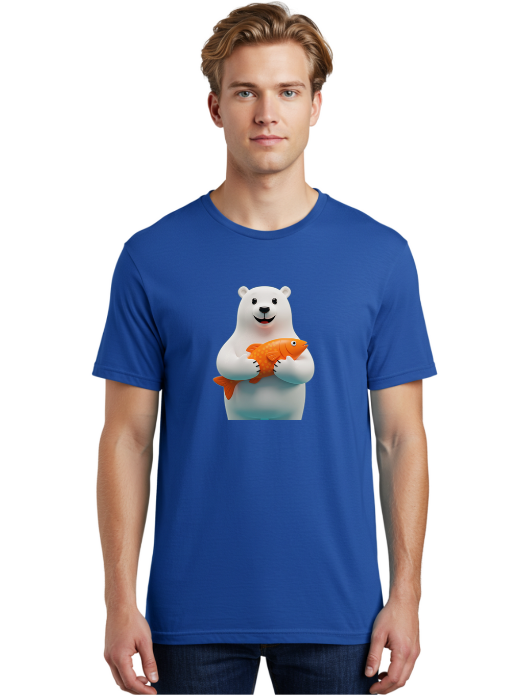 Polar-Bear-Holding-Fish Men'S Graphic Tee, 100% Cotton, Comfortable Casual Summer Wear, Machine Washable, White Polar Bear, Orange Fish, Cartoon Character, Smiling Bear, Holding A Fish, Kawaii Animal, 3D Illustration, Cute Bear, Bae649