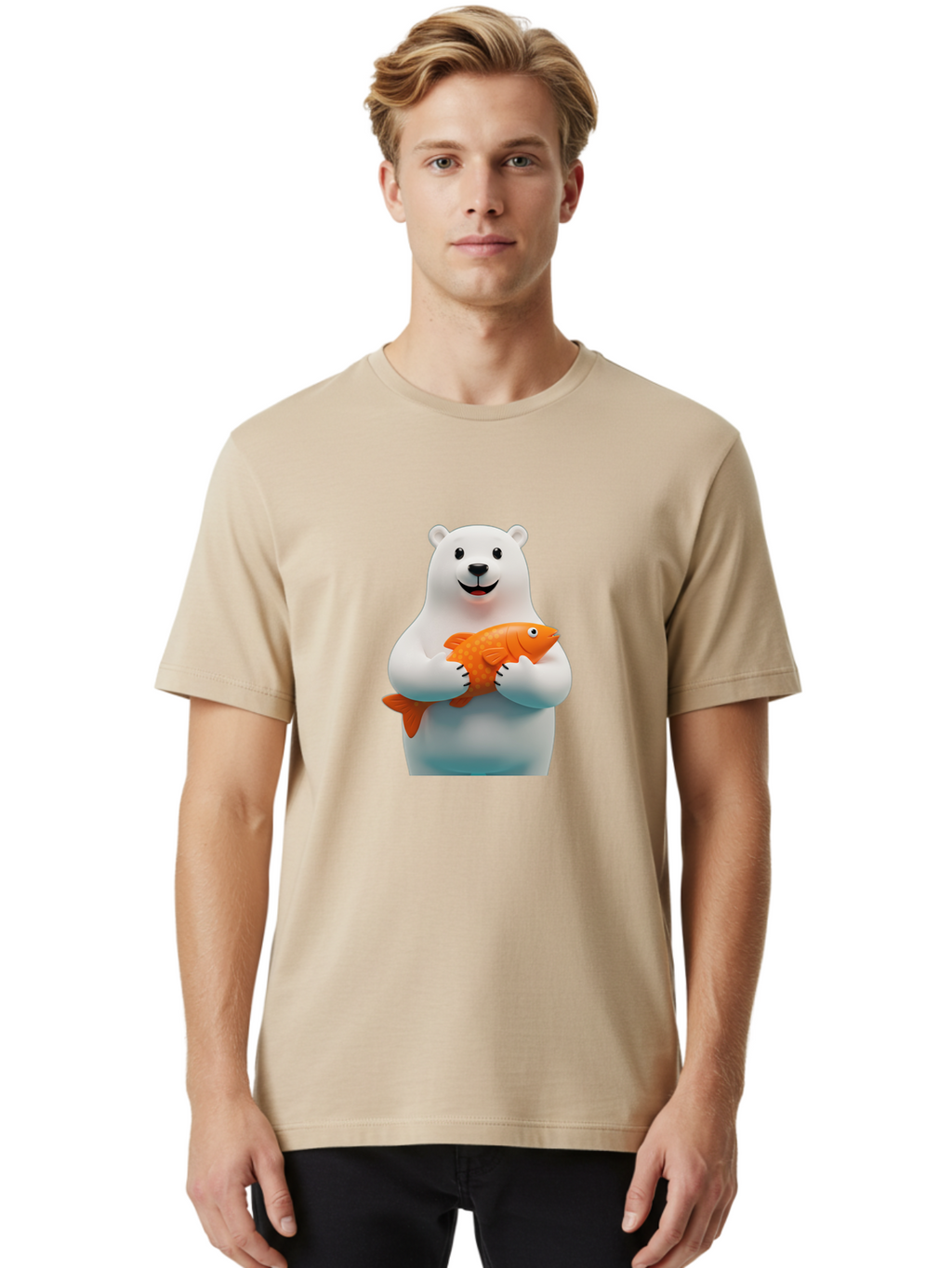 Polar-Bear-Holding-Fish Men'S Graphic Tee, 100% Cotton, Comfortable Casual Summer Wear, Machine Washable, White Polar Bear, Orange Fish, Cartoon Character, Smiling Bear, Holding A Fish, Kawaii Animal, 3D Illustration, Cute Bear, Bae649