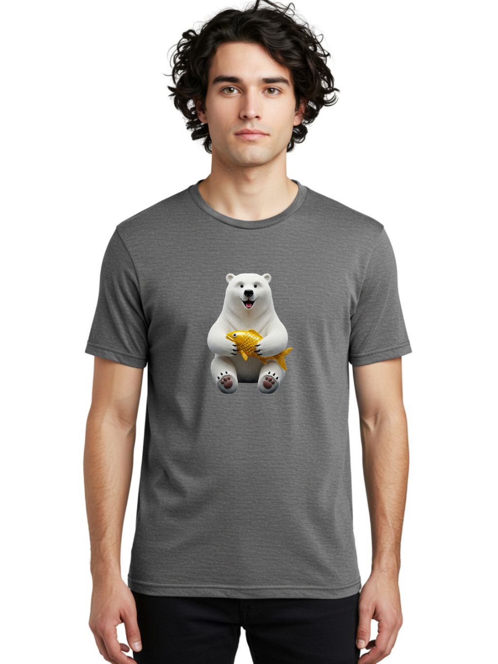 Polar-Bear-Holding-Goldfish Men'S Graphic Tee, 100% Cotton, Comfortable Casual Summer Wear, Machine Washable, Polar Bear Holding Golden Fish, Cute Bear, Happy Animal, Wildlife Scene, Cartoon Character, Playful Creature, 3D Illustration, Bae650