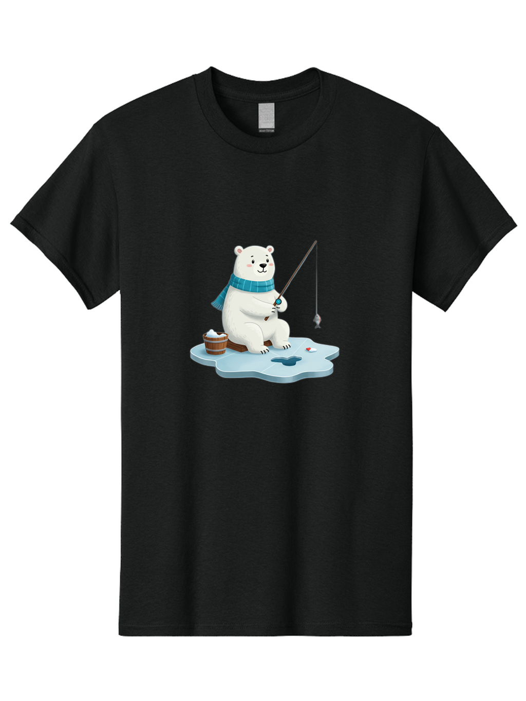 Polar-Bear-Ice-Fishing Men'S Graphic Tee, 100% Cotton, Comfortable Casual Summer Wear, Machine Washable, Polar Bear Ice Fishing, Cartoon Polar Bear, Fishing Rod, Winter Activity, Arctic Scene, Ice Hole, Fishing Bucket, Winter Fun, Bae651