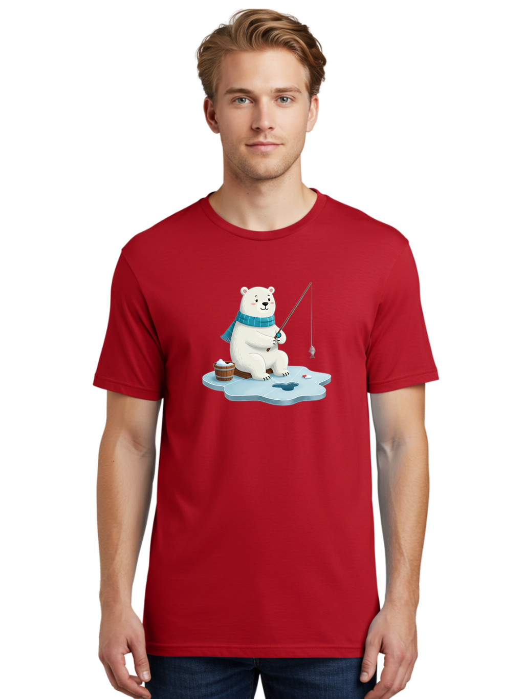 Polar-Bear-Ice-Fishing Men'S Graphic Tee, 100% Cotton, Comfortable Casual Summer Wear, Machine Washable, Polar Bear Ice Fishing, Cartoon Polar Bear, Fishing Rod, Winter Activity, Arctic Scene, Ice Hole, Fishing Bucket, Winter Fun, Bae651