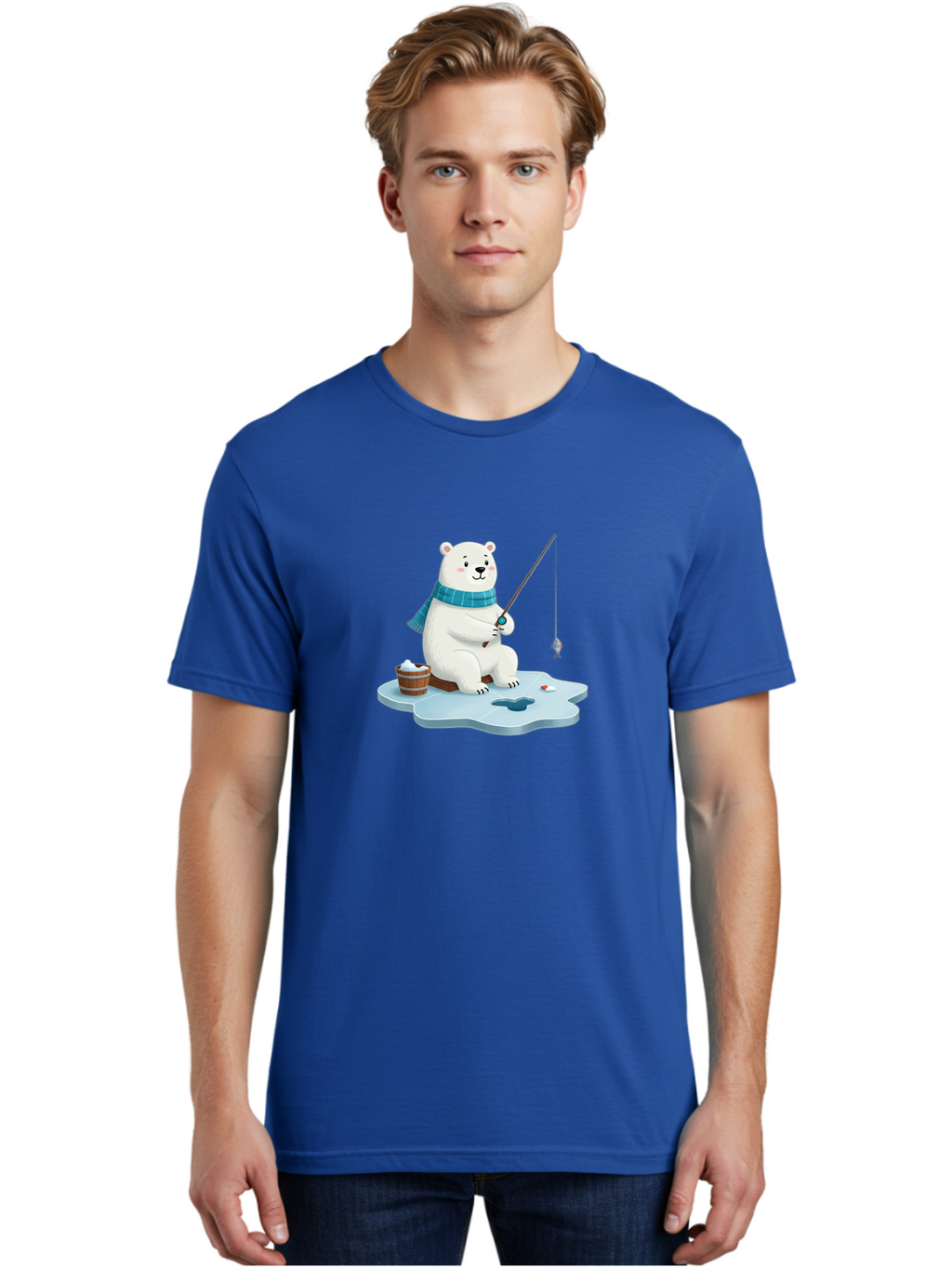 Polar-Bear-Ice-Fishing Men'S Graphic Tee, 100% Cotton, Comfortable Casual Summer Wear, Machine Washable, Polar Bear Ice Fishing, Cartoon Polar Bear, Fishing Rod, Winter Activity, Arctic Scene, Ice Hole, Fishing Bucket, Winter Fun, Bae651