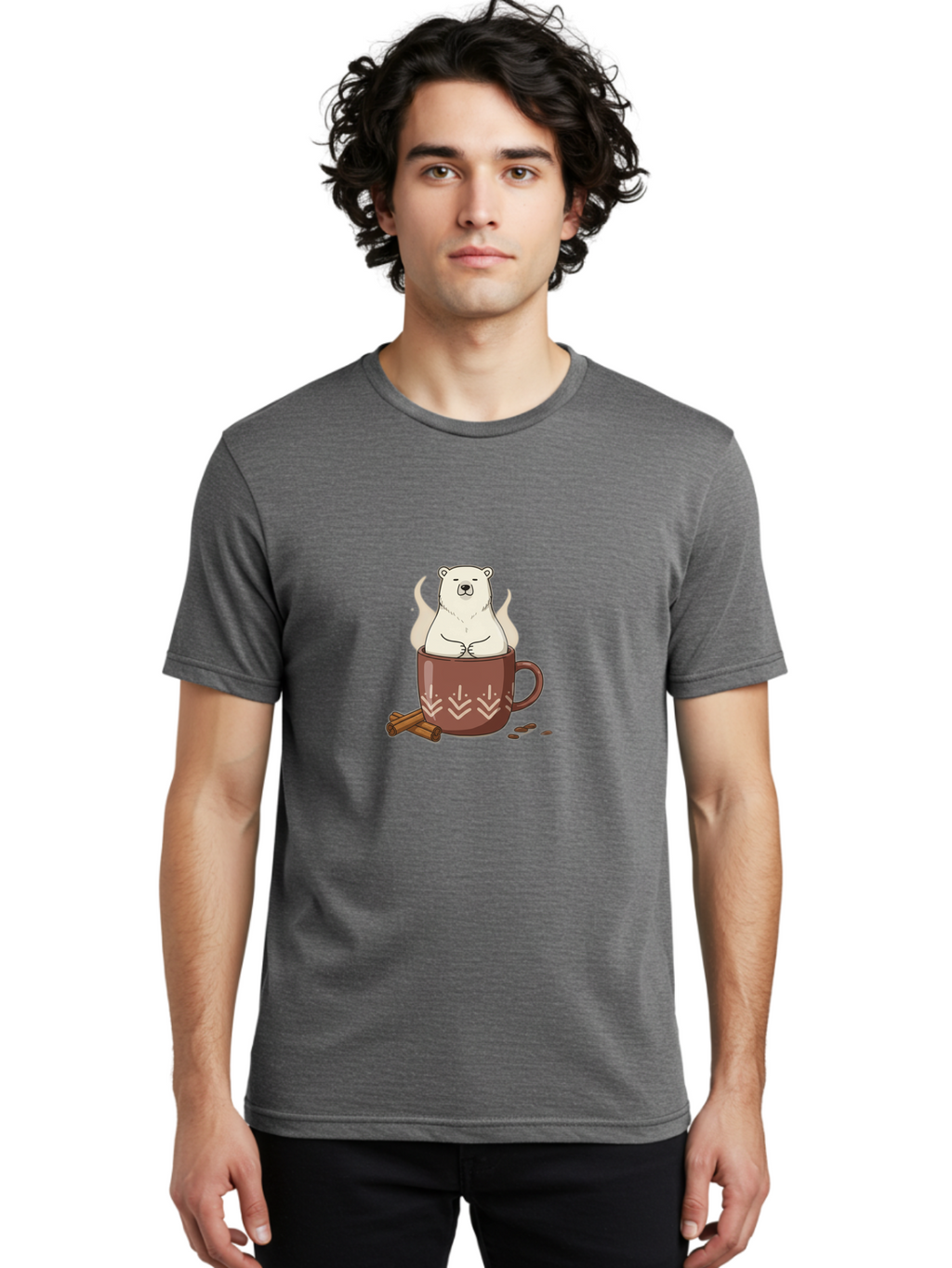 Polar-Bear-In-Coffee-Mug-1 Men'S Graphic Tee, 100% Cotton, Comfortable Casual Summer Wear, Machine Washable, Polar Bear In A Cup, Coffee Lover, Cinnamon Sticks, Coffee Beans, Relaxing Bear, Cute Cartoon, Steaming Hot Coffee, Winter Warmth, Bae652