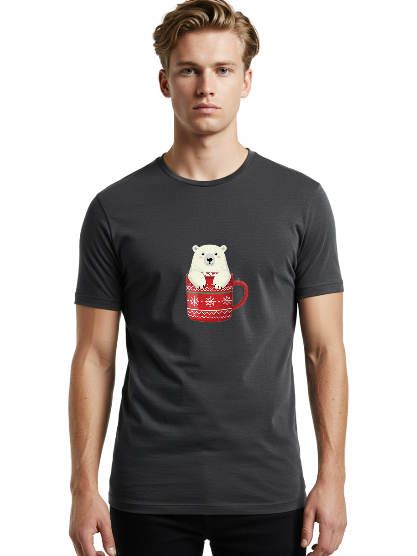 Polar-Bear-In-Mug-1 Men'S Graphic Tee, 100% Cotton, Comfortable Casual Summer Wear, Machine Washable, Polar Bear In A Mug, Christmas Mug, Red Mug, Snowflakes, White Bear, Funny Bear, Cartoon Character, Winter Theme, Festive Design, Bae655