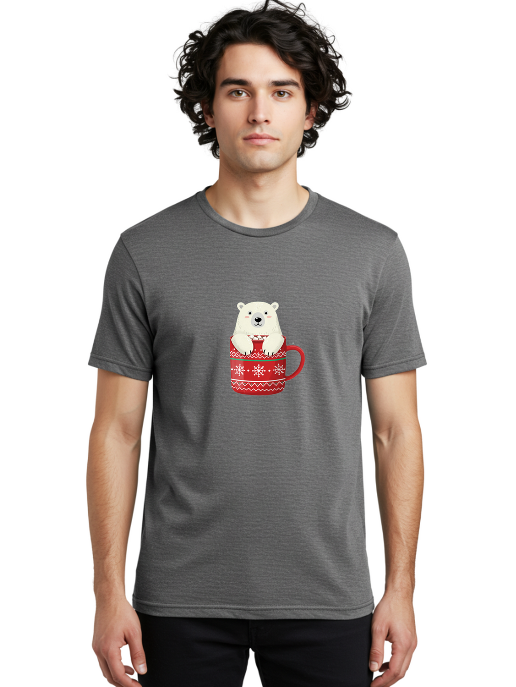 Polar-Bear-In-Mug-1 Men'S Graphic Tee, 100% Cotton, Comfortable Casual Summer Wear, Machine Washable, Polar Bear In A Mug, Christmas Mug, Red Mug, Snowflakes, White Bear, Funny Bear, Cartoon Character, Winter Theme, Festive Design, Bae655