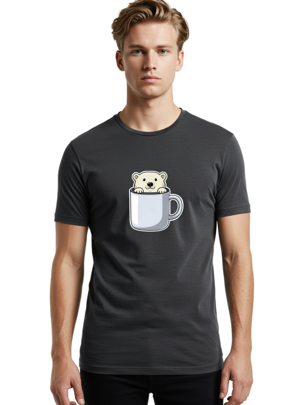 Polar-Bear-In-Mug-2 Men'S Graphic Tee, 100% Cotton, Comfortable Casual Summer Wear, Machine Washable, Polar Bear In Coffee Mug, Cartoon Character, Cute Animal, Funny Illustration, Coffee Break, Morning Routine, Office Humor, Creative Design, Bae656