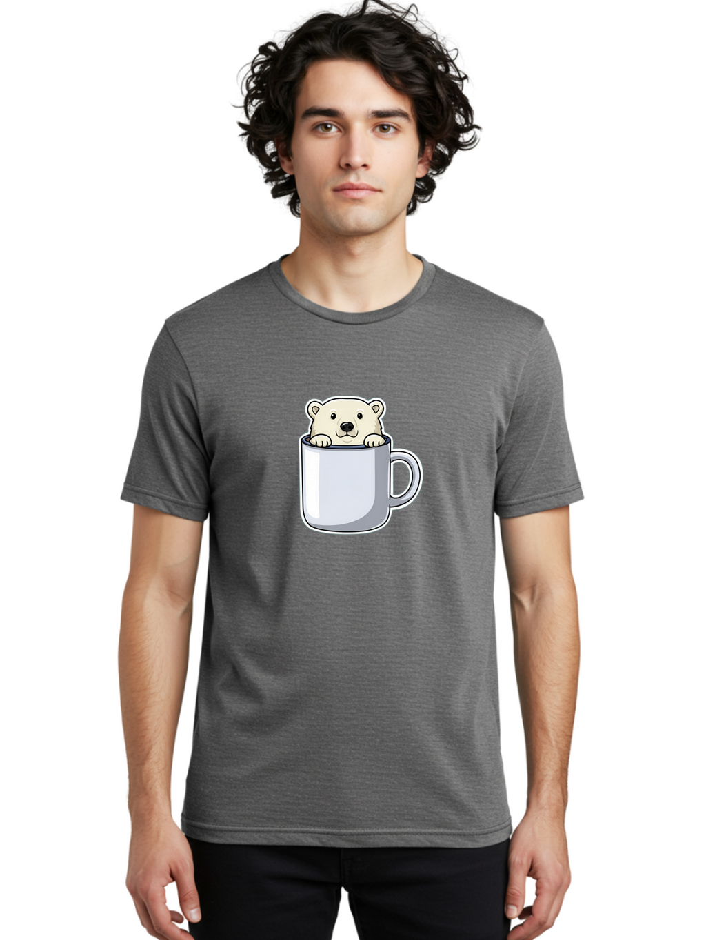 Polar-Bear-In-Mug-2 Men'S Graphic Tee, 100% Cotton, Comfortable Casual Summer Wear, Machine Washable, Polar Bear In Coffee Mug, Cartoon Character, Cute Animal, Funny Illustration, Coffee Break, Morning Routine, Office Humor, Creative Design, Bae656