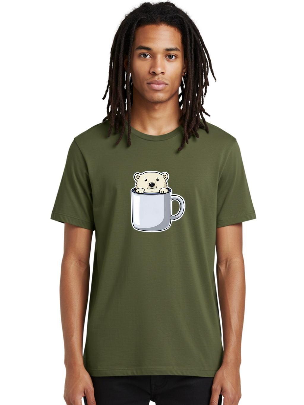 Polar-Bear-In-Mug-2 Men'S Graphic Tee, 100% Cotton, Comfortable Casual Summer Wear, Machine Washable, Polar Bear In Coffee Mug, Cartoon Character, Cute Animal, Funny Illustration, Coffee Break, Morning Routine, Office Humor, Creative Design, Bae656