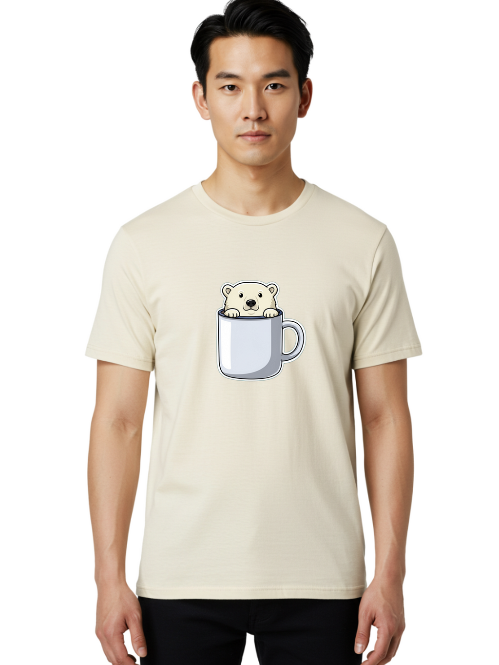 Polar-Bear-In-Mug-2 Men'S Graphic Tee, 100% Cotton, Comfortable Casual Summer Wear, Machine Washable, Polar Bear In Coffee Mug, Cartoon Character, Cute Animal, Funny Illustration, Coffee Break, Morning Routine, Office Humor, Creative Design, Bae656