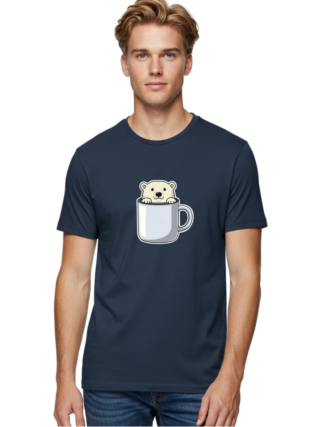 Polar-Bear-In-Mug-2 Men'S Graphic Tee, 100% Cotton, Comfortable Casual Summer Wear, Machine Washable, Polar Bear In Coffee Mug, Cartoon Character, Cute Animal, Funny Illustration, Coffee Break, Morning Routine, Office Humor, Creative Design, Bae656