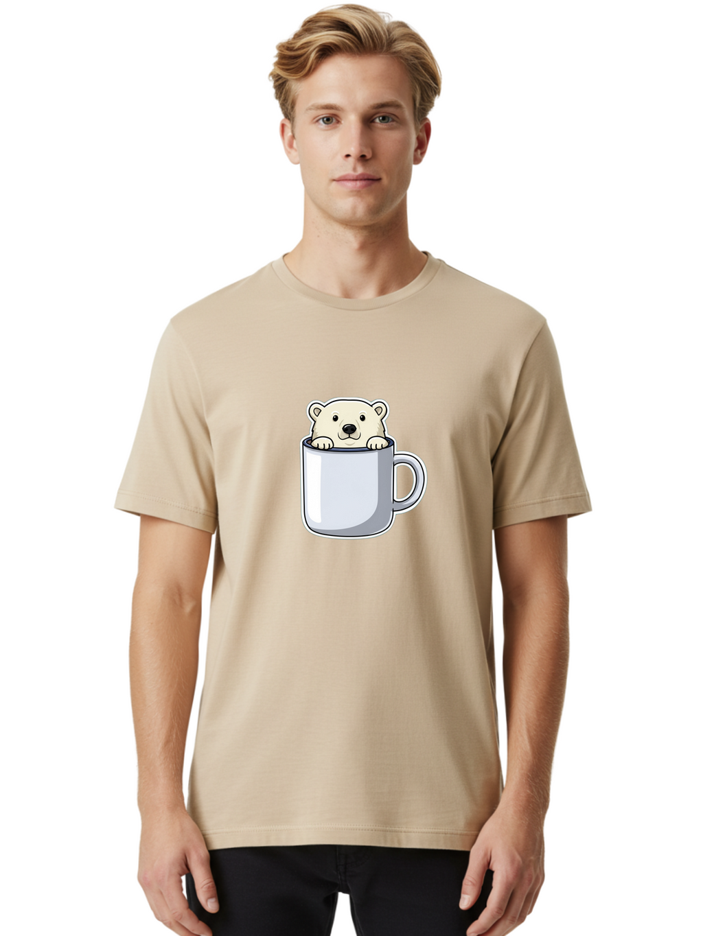 Polar-Bear-In-Mug-2 Men'S Graphic Tee, 100% Cotton, Comfortable Casual Summer Wear, Machine Washable, Polar Bear In Coffee Mug, Cartoon Character, Cute Animal, Funny Illustration, Coffee Break, Morning Routine, Office Humor, Creative Design, Bae656