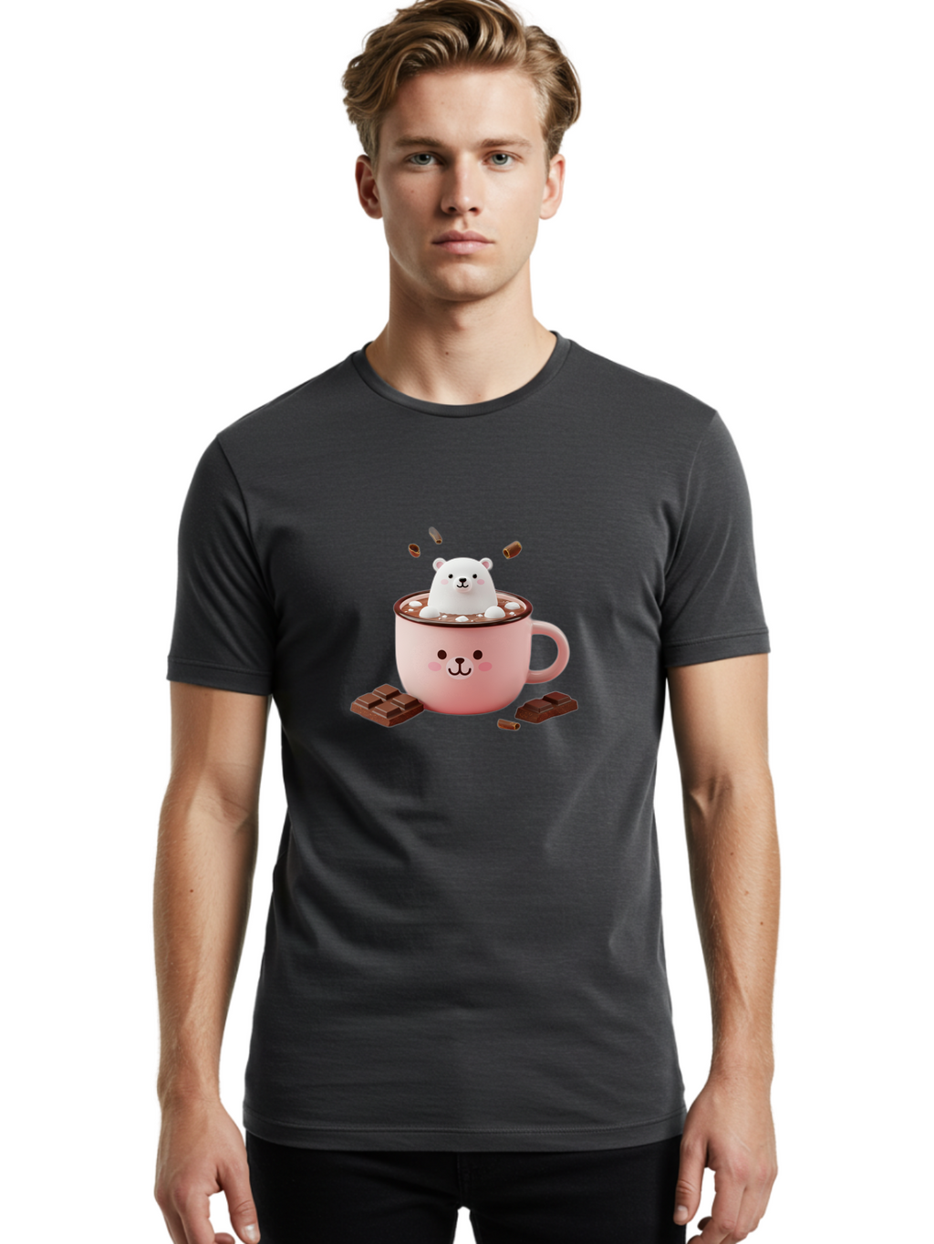 Polar-Bear-Mug Men'S Graphic Tee, 100% Cotton, Comfortable Casual Summer Wear, Machine Washable, Polar Bear In A Pink Mug, Hot Chocolate, Marshmallows, Chocolate Bars, Bear Face, Cartoon Style, Kawaii, Cute, Winter Vibe, Cozy Atmosphere Bae659
