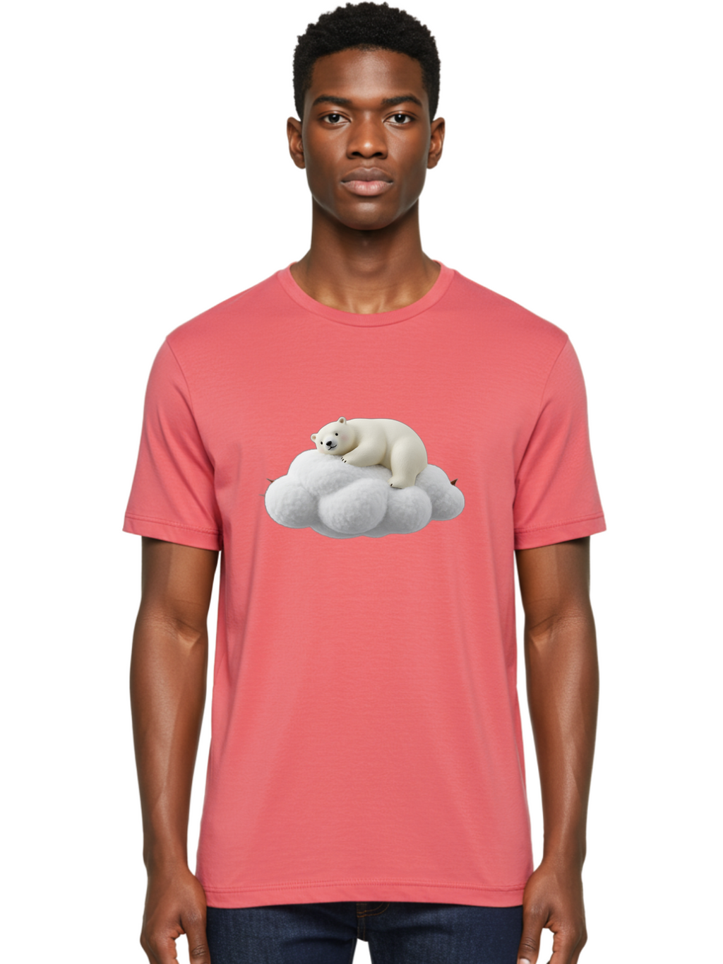 Polar-Bear-On-Cloud-1 Men'S Graphic Tee, 100% Cotton, Comfortable Casual Summer Wear, Machine Washable, Polar Bear Resting On Fluffy White Cloud, Serene Atmosphere, Dreamy Scene, Cute Wildlife, Peaceful Slumber, Adorable Polar Bear Bae660