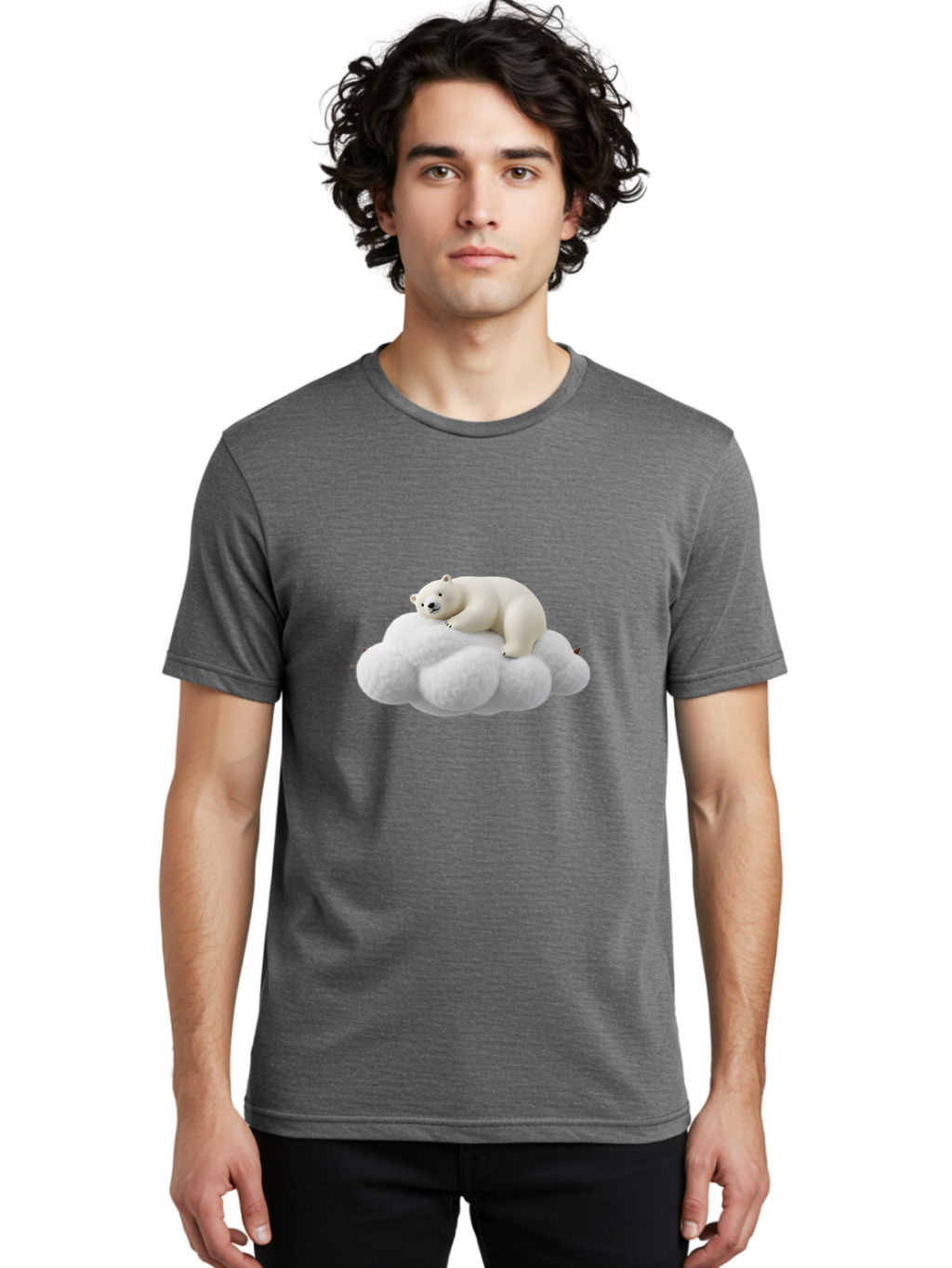 Polar-Bear-On-Cloud-1 Men'S Graphic Tee, 100% Cotton, Comfortable Casual Summer Wear, Machine Washable, Polar Bear Resting On Fluffy White Cloud, Serene Atmosphere, Dreamy Scene, Cute Wildlife, Peaceful Slumber, Adorable Polar Bear Bae660