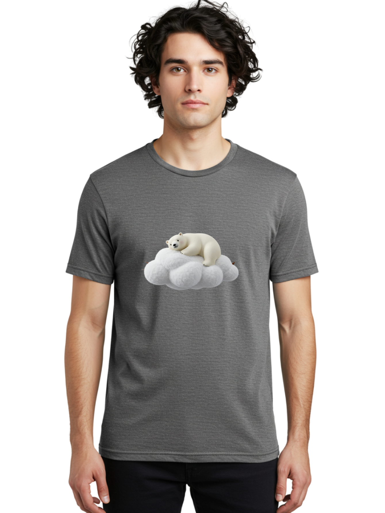 Polar-Bear-On-Cloud-1 Men'S Graphic Tee, 100% Cotton, Comfortable Casual Summer Wear, Machine Washable, Polar Bear Resting On Fluffy White Cloud, Serene Atmosphere, Dreamy Scene, Cute Wildlife, Peaceful Slumber, Adorable Polar Bear Bae660