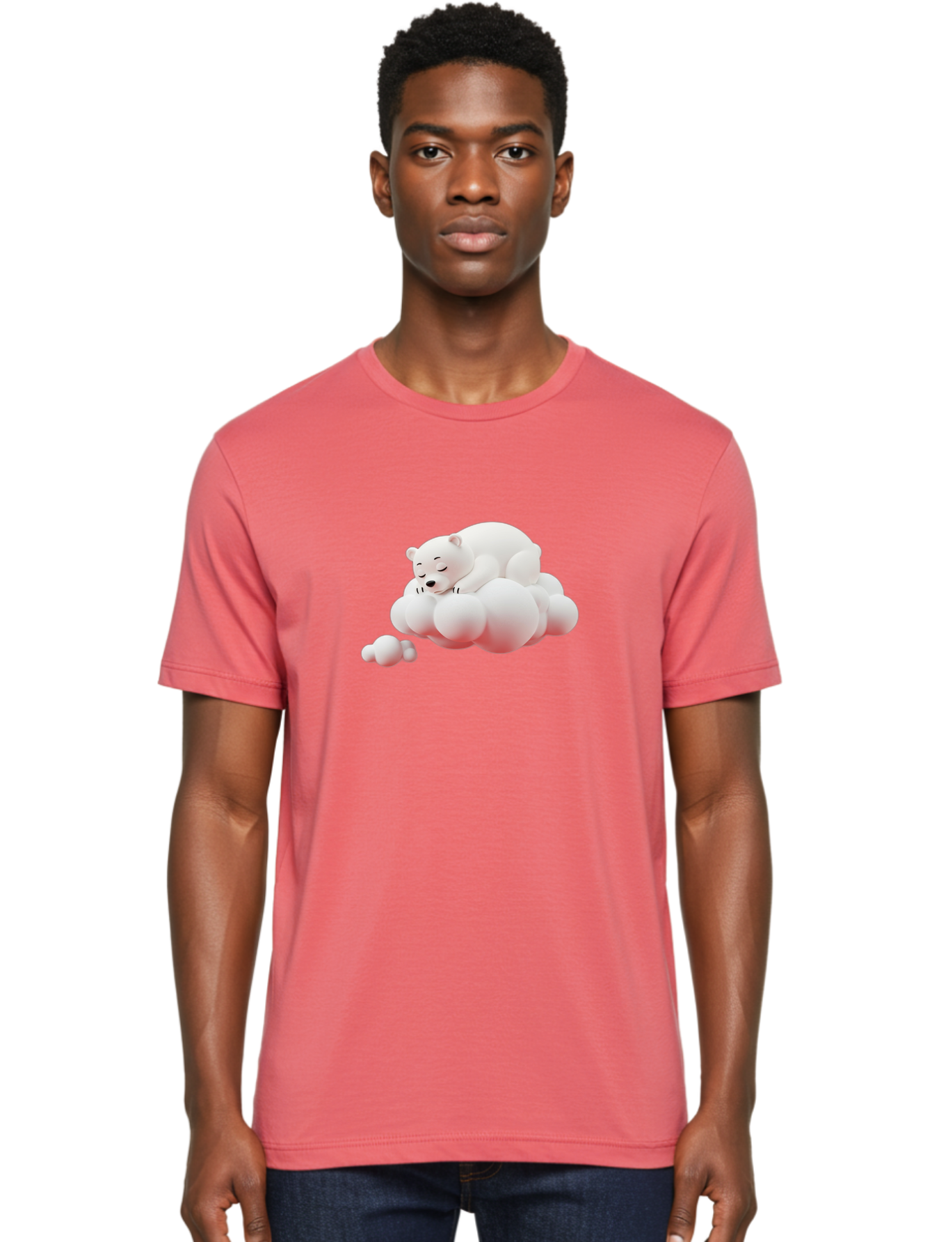 Polar-Bear-On-Cloud-2 Men'S Graphic Tee, 100% Cotton, Comfortable Casual Summer Wear, Machine Washable, Sleeping Polar Bear, Cartoon Character, Fluffy Clouds, Peaceful Scene, Adorable Animal, Dreamy Atmosphere, Cute Illustration, Digital Art, Bae661