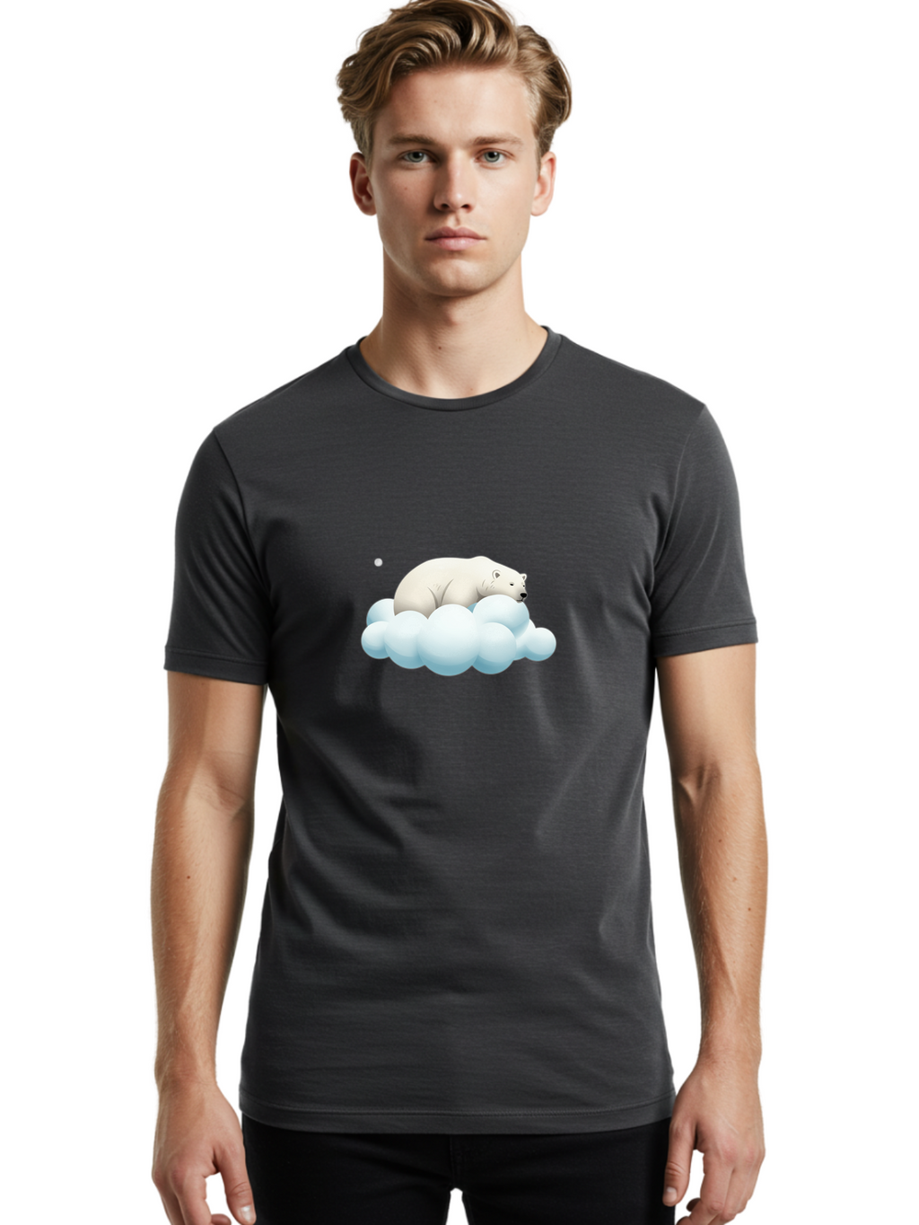 Polar-Bear-On-Cloud-3 Men'S Graphic Tee, 100% Cotton, Comfortable Casual Summer Wear, Machine Washable, Sleeping Polar Bear, Cloud, Serene Scene, Cute Cartoon, Digital Art, Fluffy Clouds, Polar Bear On Cloud, Dreamy Atmosphere, Bae662