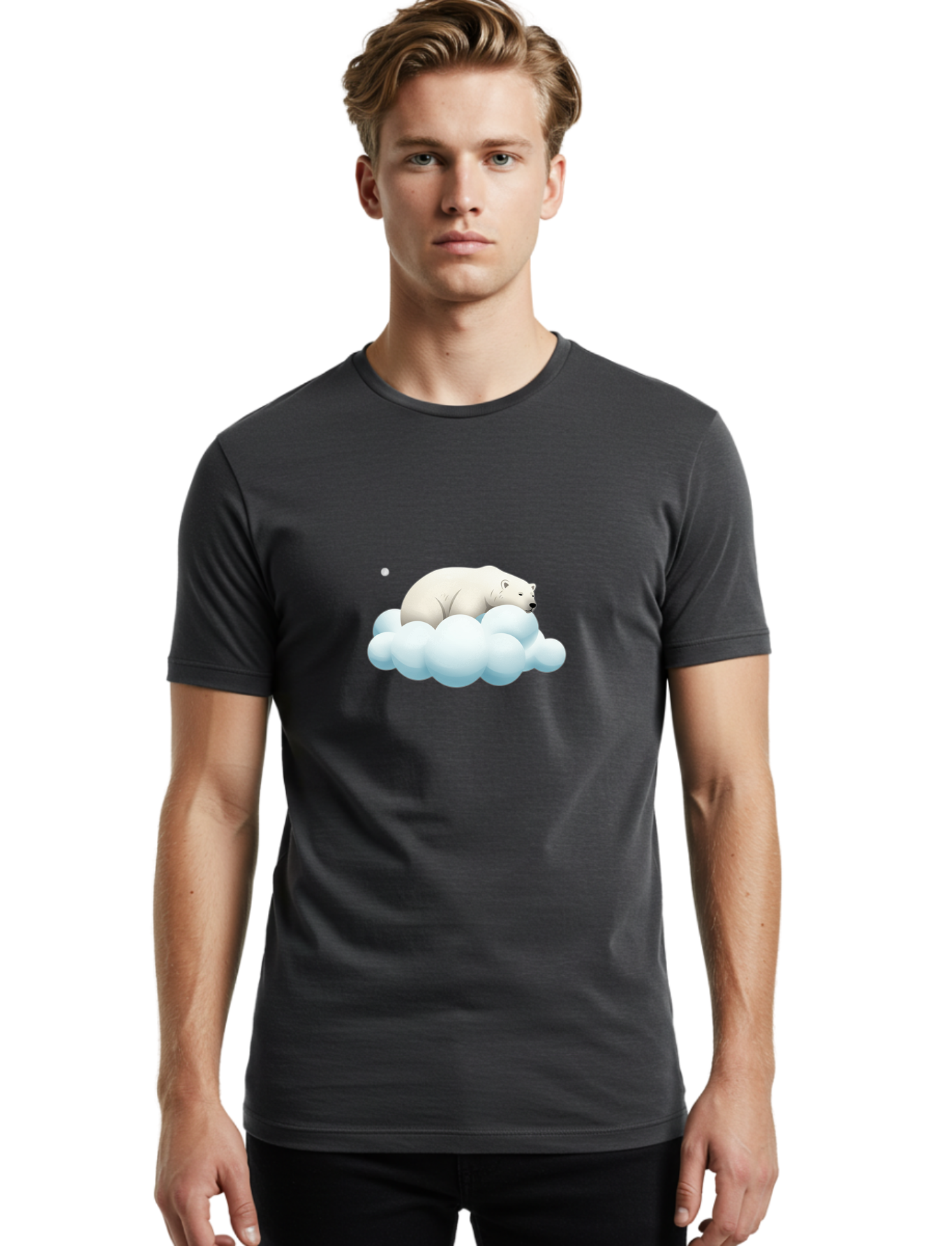 Polar-Bear-On-Cloud-3 Men'S Graphic Tee, 100% Cotton, Comfortable Casual Summer Wear, Machine Washable, Sleeping Polar Bear, Cloud, Serene Scene, Cute Cartoon, Digital Art, Fluffy Clouds, Polar Bear On Cloud, Dreamy Atmosphere, Bae662