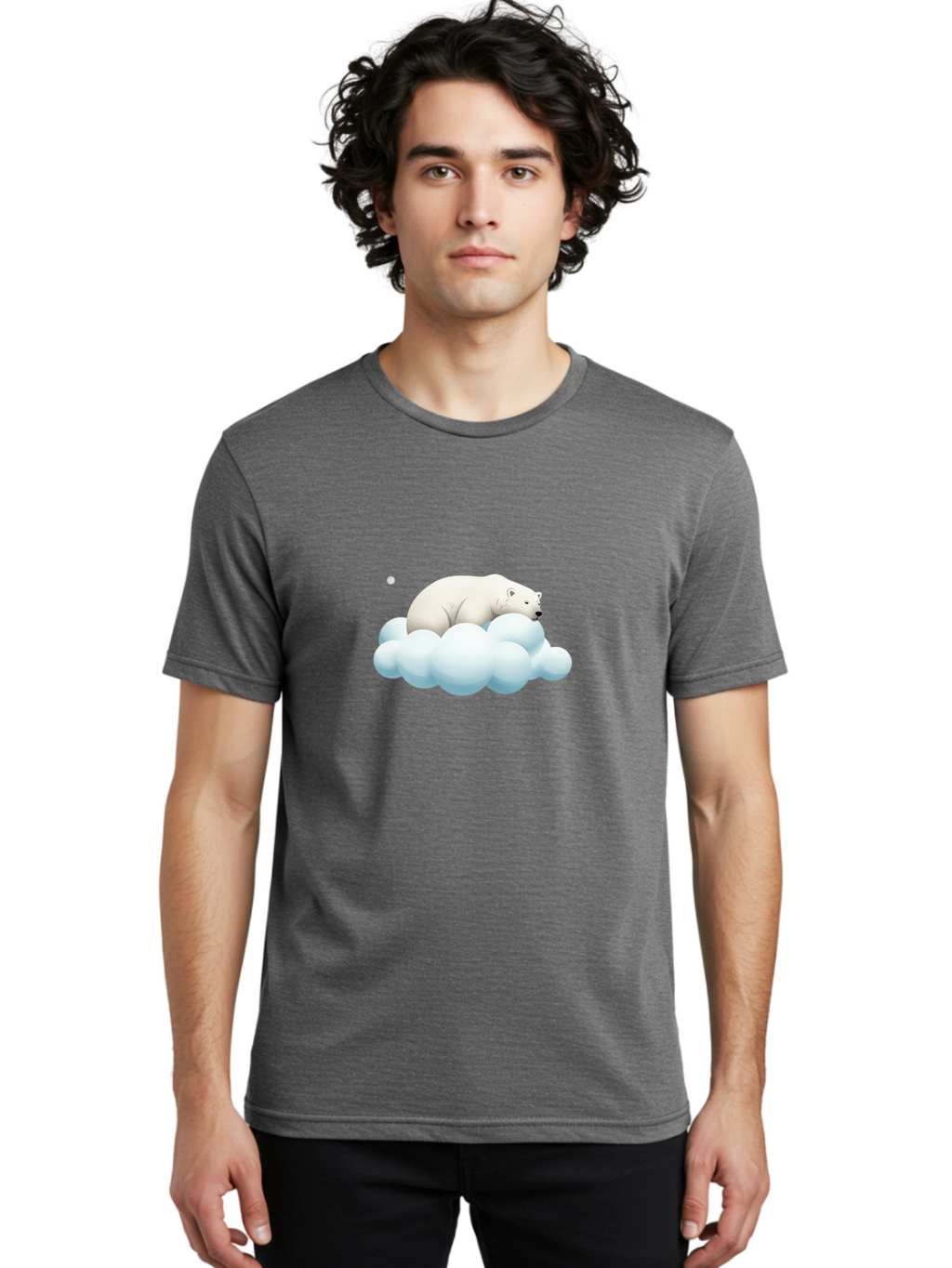 Polar-Bear-On-Cloud-3 Men'S Graphic Tee, 100% Cotton, Comfortable Casual Summer Wear, Machine Washable, Sleeping Polar Bear, Cloud, Serene Scene, Cute Cartoon, Digital Art, Fluffy Clouds, Polar Bear On Cloud, Dreamy Atmosphere, Bae662