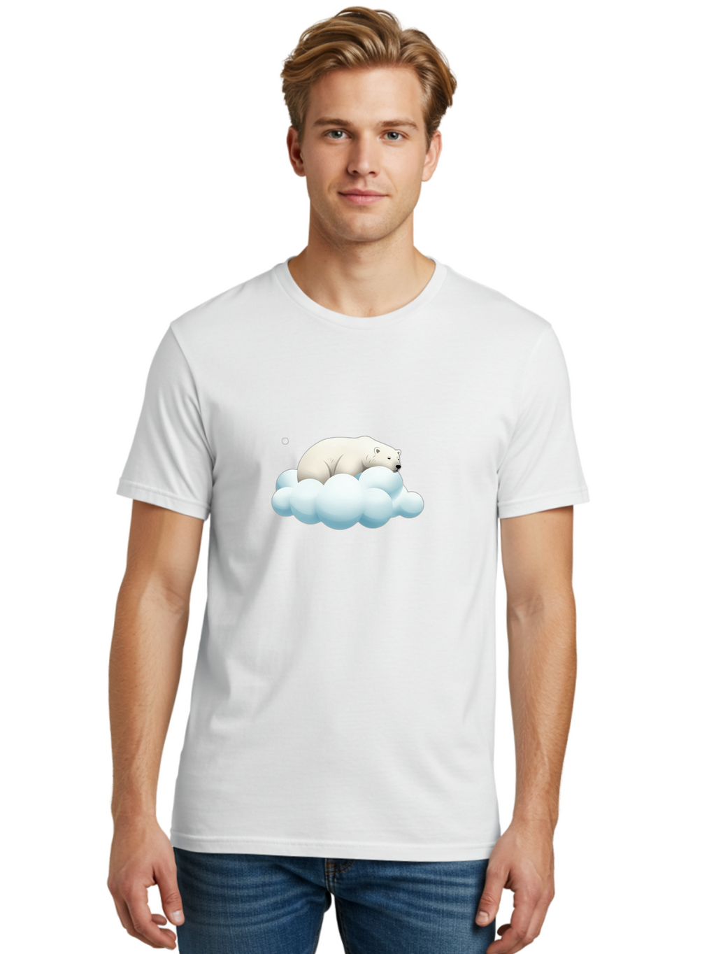 Polar-Bear-On-Cloud-3 Men'S Graphic Tee, 100% Cotton, Comfortable Casual Summer Wear, Machine Washable, Sleeping Polar Bear, Cloud, Serene Scene, Cute Cartoon, Digital Art, Fluffy Clouds, Polar Bear On Cloud, Dreamy Atmosphere, Bae662