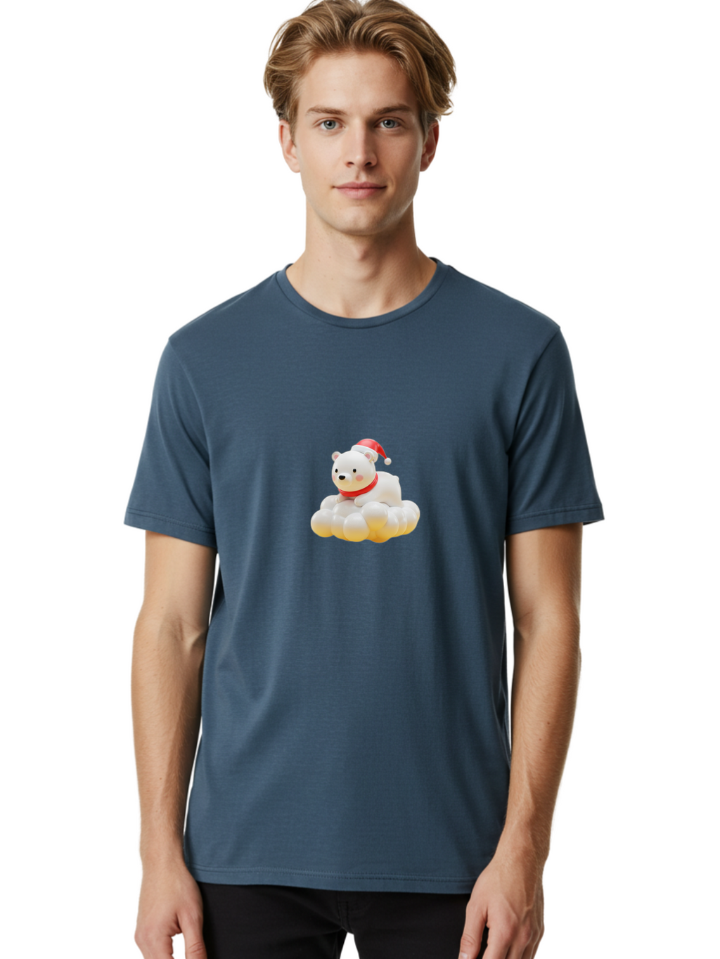 Polar-Bear-On-Cloud Men'S Graphic Tee, 100% Cotton, Comfortable Casual Summer Wear, Machine Washable, White Polar Bear, Red Santa Hat, Red Scarf, Cute Figurine, Christmas Decoration, Holiday Icon, Winter Wonderland, Festive Character Bae663