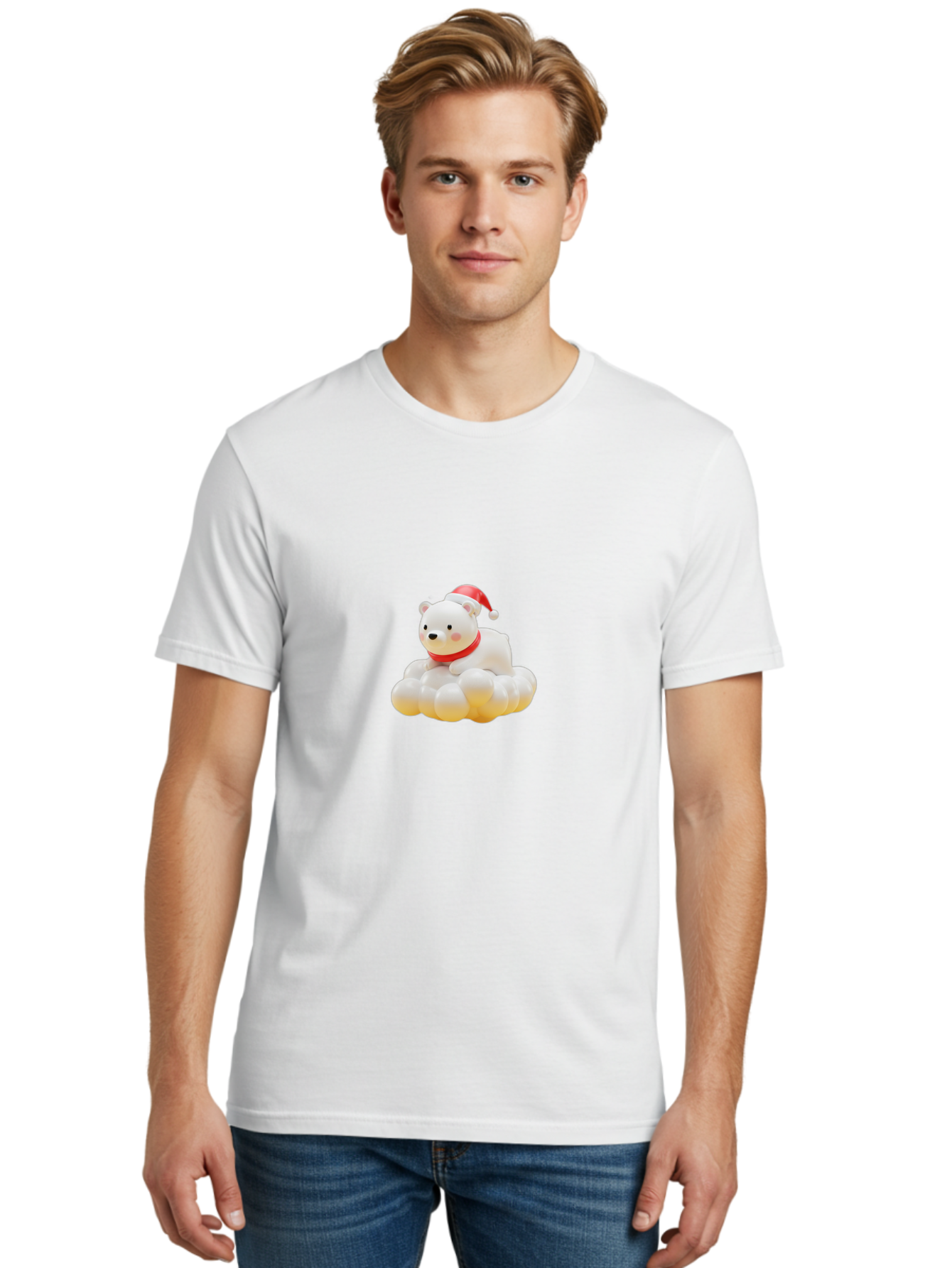 Polar-Bear-On-Cloud Men'S Graphic Tee, 100% Cotton, Comfortable Casual Summer Wear, Machine Washable, White Polar Bear, Red Santa Hat, Red Scarf, Cute Figurine, Christmas Decoration, Holiday Icon, Winter Wonderland, Festive Character Bae663