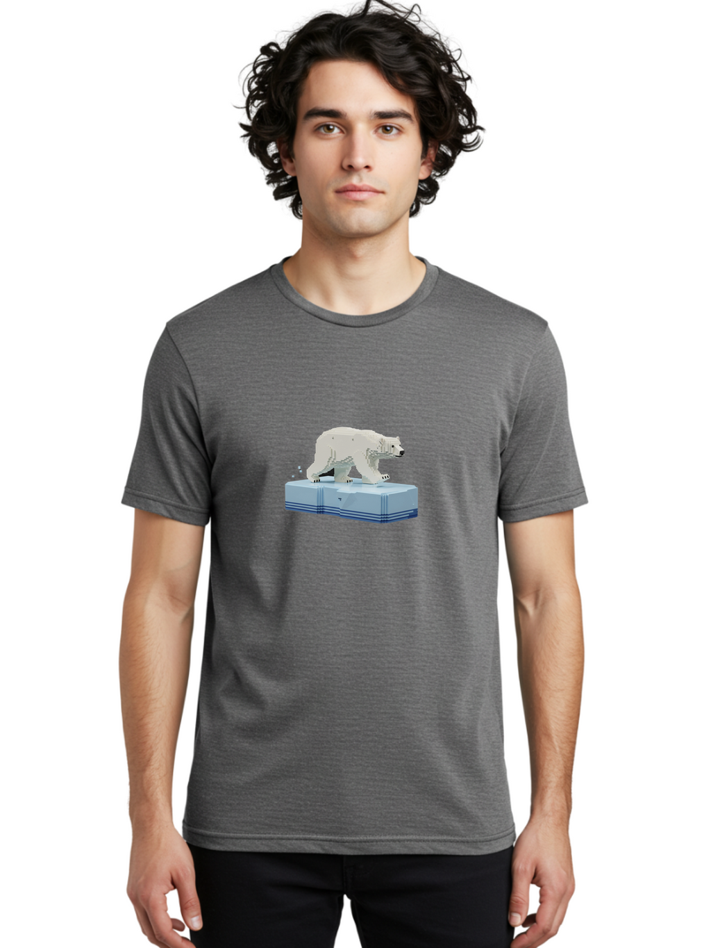 Polar-Bear-On-Iceberg-2 Men'S Graphic Tee, 100% Cotton, Comfortable Casual Summer Wear, Machine Washable, Polar Bear On Ice, 3D Model, White Bear, Arctic Wildlife, Frozen Landscape, Icy Platform, Digital Art, Low Poly, Pixelated Effect, Bae665
