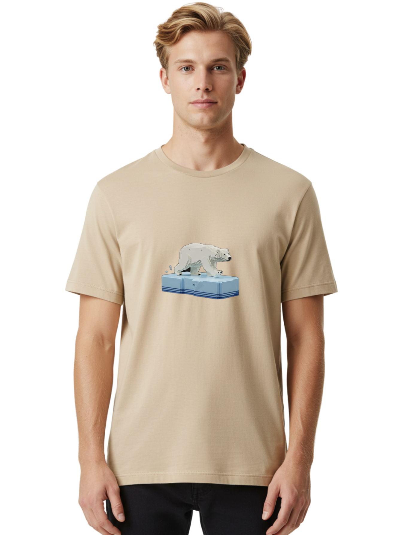 Polar-Bear-On-Iceberg-2 Men'S Graphic Tee, 100% Cotton, Comfortable Casual Summer Wear, Machine Washable, Polar Bear On Ice, 3D Model, White Bear, Arctic Wildlife, Frozen Landscape, Icy Platform, Digital Art, Low Poly, Pixelated Effect, Bae665